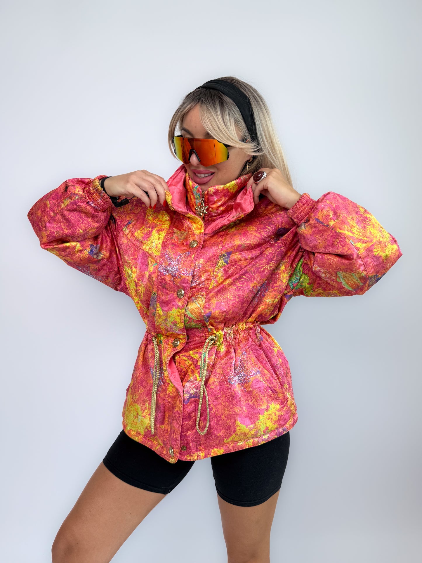 Vintage 90s Neon Tie Dye Ski Caot – Pink Yellow Cinched Waist Puffer Jacket S-M