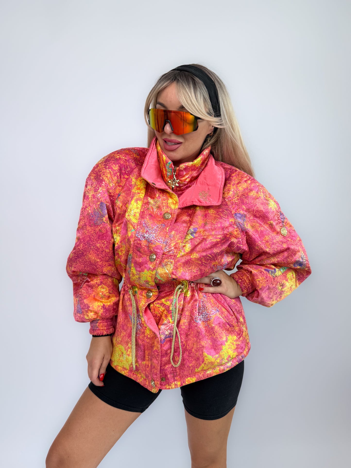 Vintage 90s Neon Tie Dye Ski Caot – Pink Yellow Cinched Waist Puffer Jacket S-M