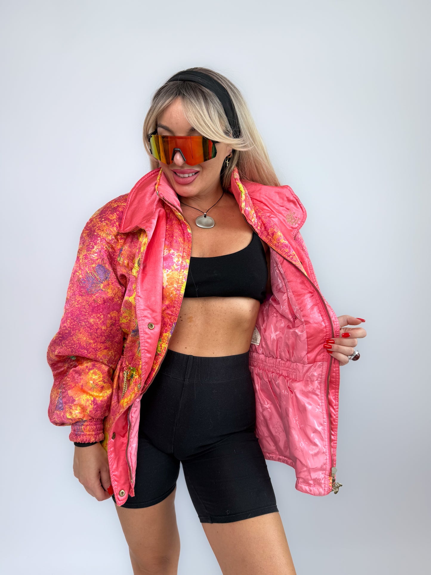 Vintage 90s Neon Tie Dye Ski Caot – Pink Yellow Cinched Waist Puffer Jacket S-M