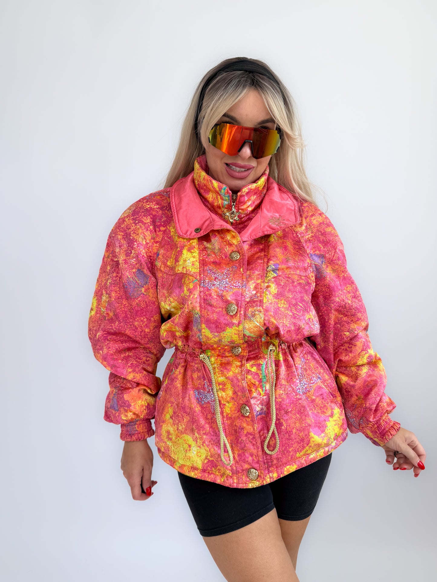 Vintage 90s Neon Tie Dye Ski Caot – Pink Yellow Cinched Waist Puffer Jacket S-M