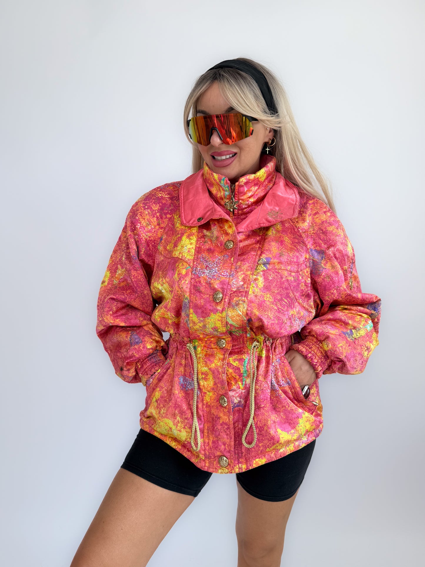 Vintage 90s Neon Tie Dye Ski Caot – Pink Yellow Cinched Waist Puffer Jacket S-M