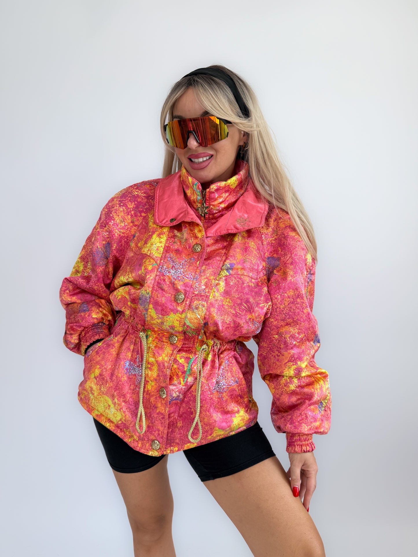 Vintage 90s Neon Tie Dye Ski Caot – Pink Yellow Cinched Waist Puffer Jacket S-M