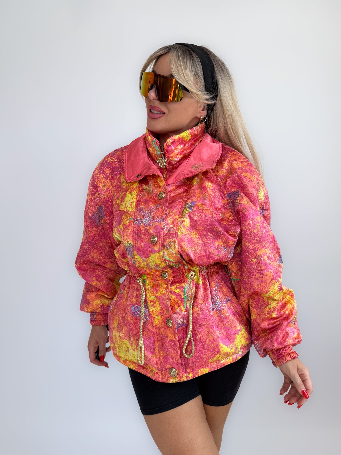 Vintage 90s Neon Tie Dye Ski Caot – Pink Yellow Cinched Waist Puffer Jacket S-M