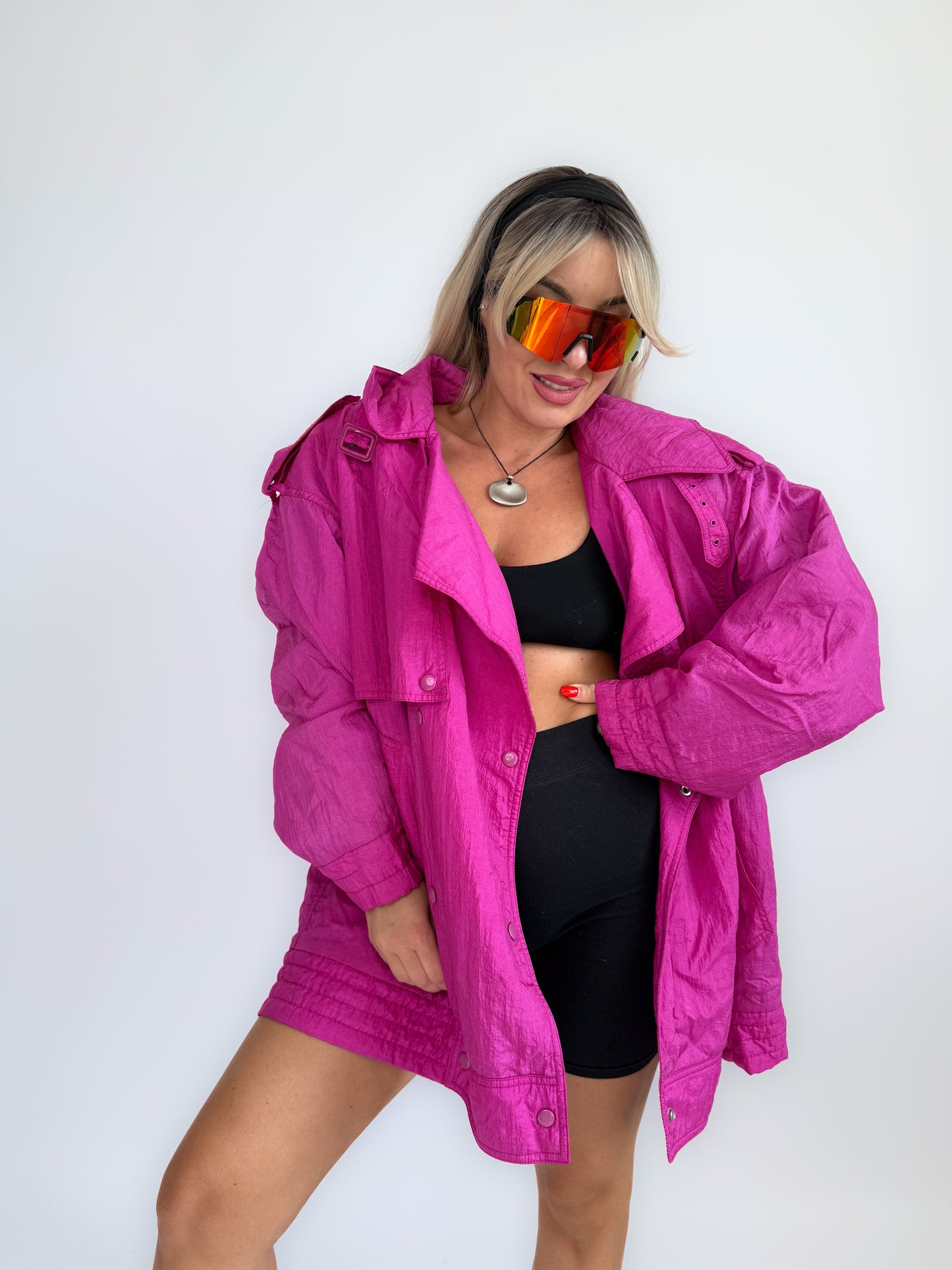 90s Hot Pink Oversized Nylon Windbreaker Coat - Vintage Neon Streetwear Jacket M-XL