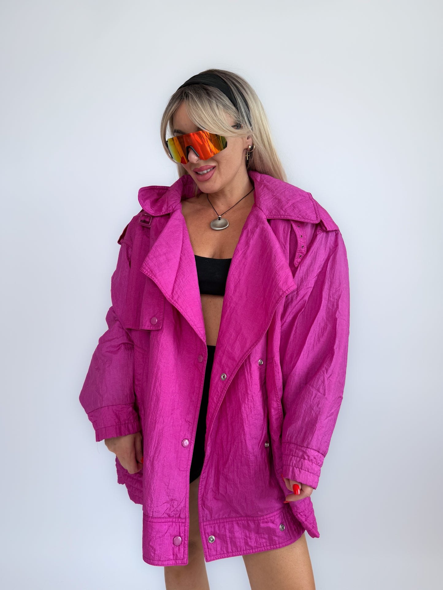 90s Hot Pink Oversized Nylon Windbreaker Coat - Vintage Neon Streetwear Jacket M-XL