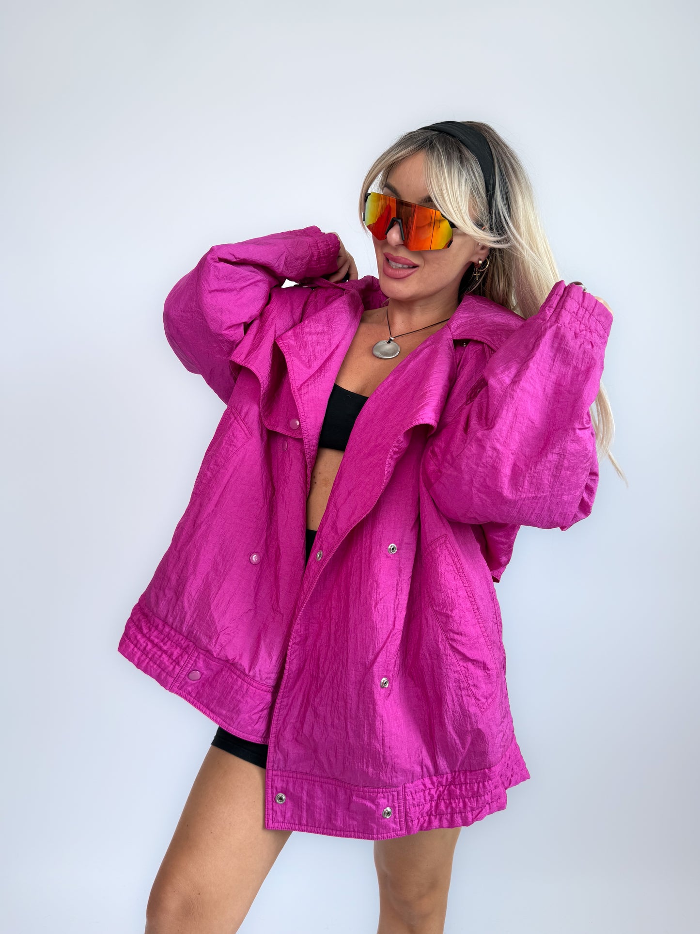 90s Hot Pink Oversized Nylon Windbreaker Coat - Vintage Neon Streetwear Jacket M-XL