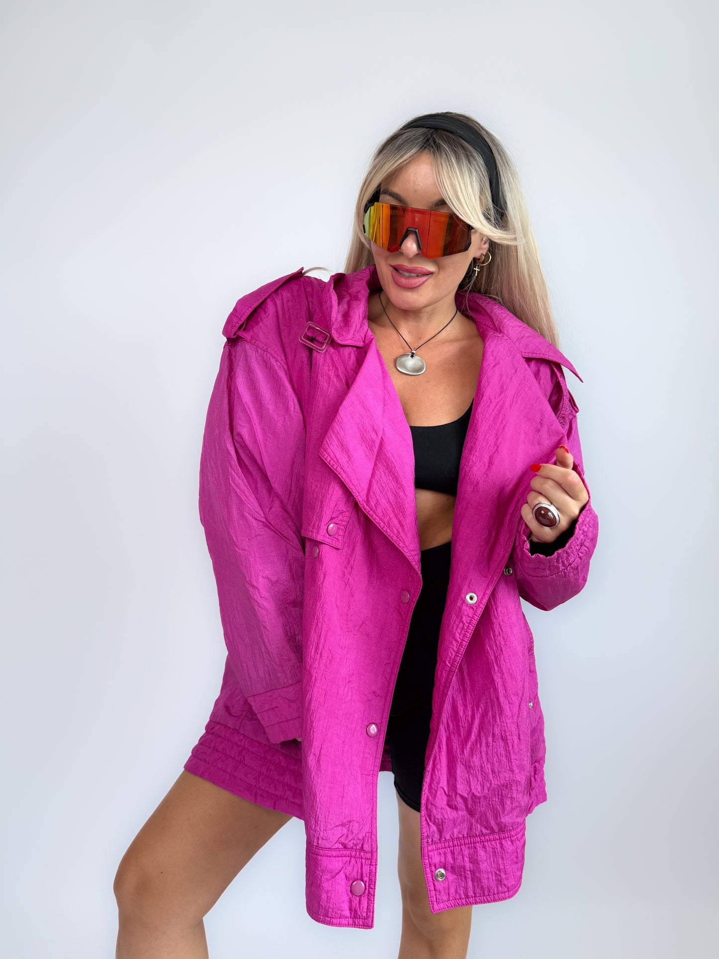 90s Hot Pink Oversized Nylon Windbreaker Coat - Vintage Neon Streetwear Jacket M-XL