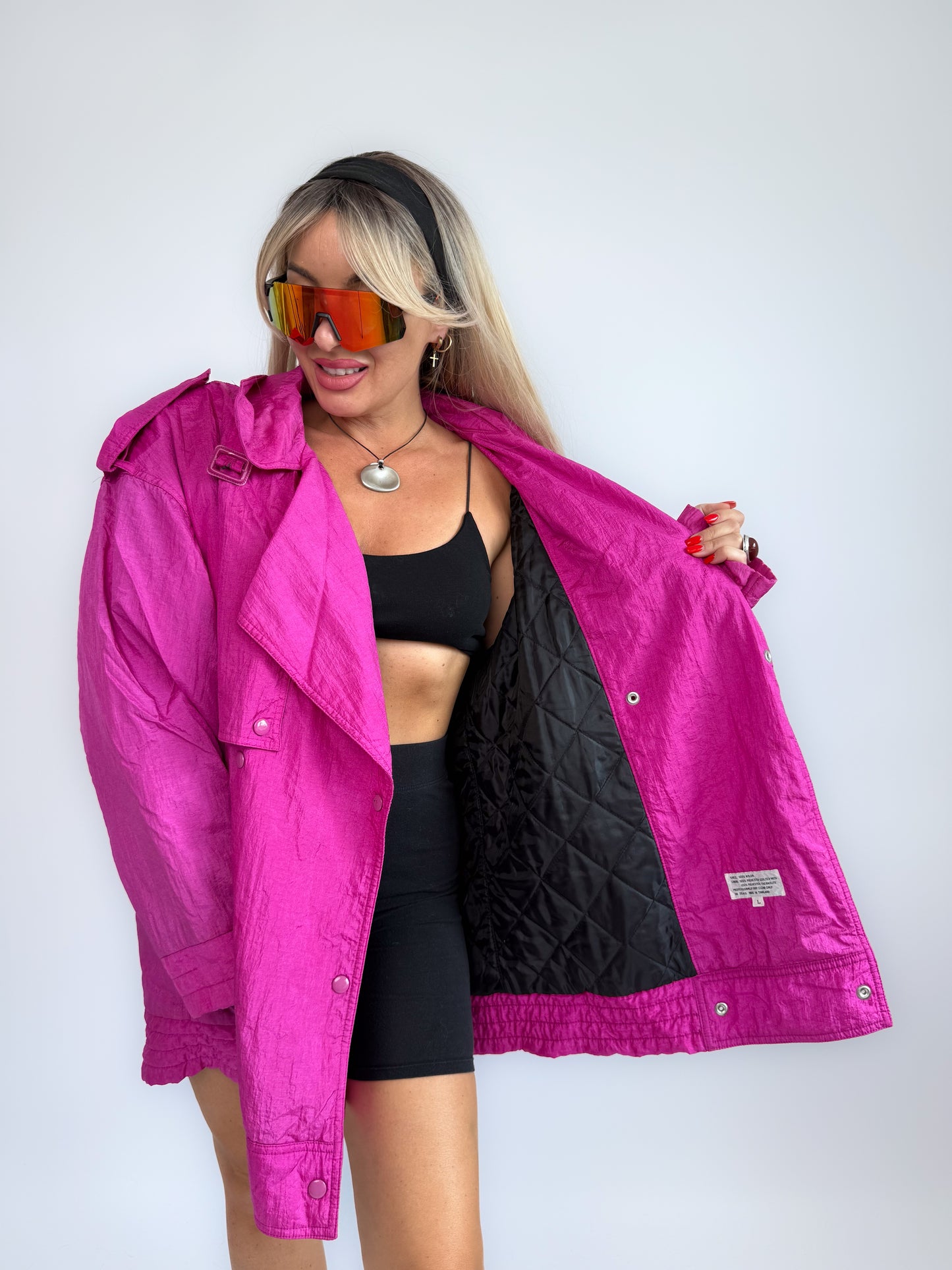 90s Hot Pink Oversized Nylon Windbreaker Coat - Vintage Neon Streetwear Jacket M-XL