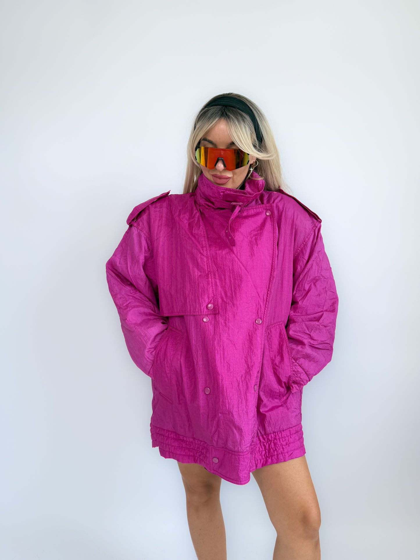 90s Hot Pink Oversized Nylon Windbreaker Coat - Vintage Neon Streetwear Jacket M-XL