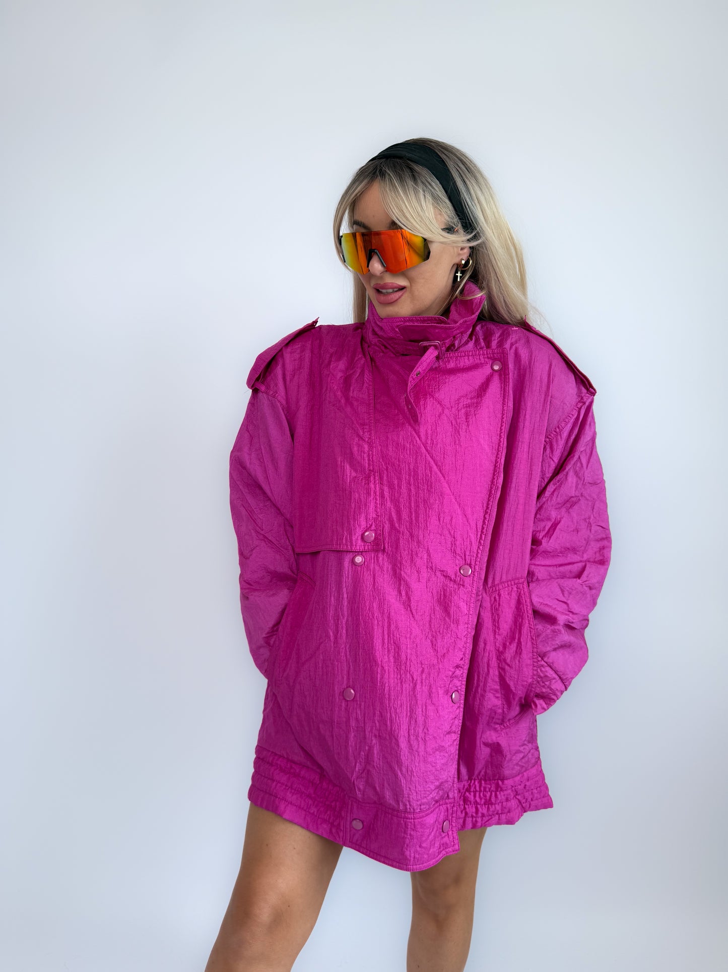 90s Hot Pink Oversized Nylon Windbreaker Coat - Vintage Neon Streetwear Jacket M-XL