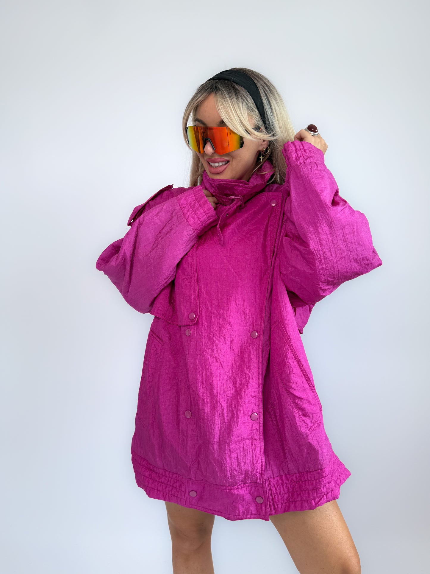 90s Hot Pink Oversized Nylon Windbreaker Coat - Vintage Neon Streetwear Jacket M-XL
