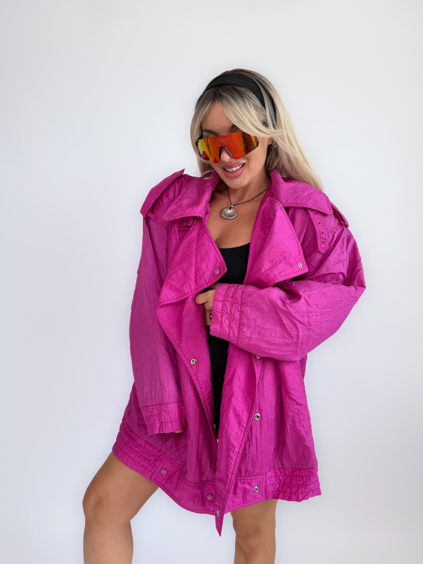 90s Hot Pink Oversized Nylon Windbreaker Coat - Vintage Neon Streetwear Jacket M-XL