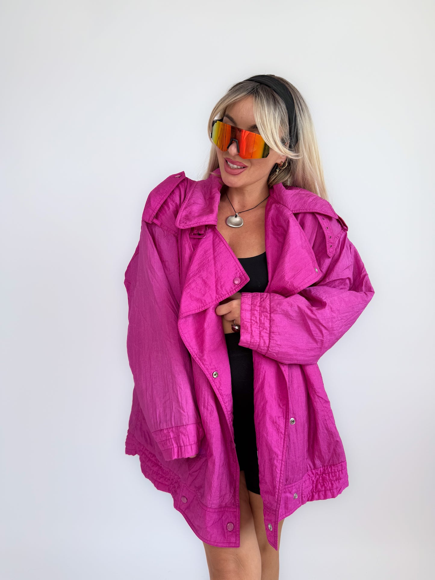 90s Hot Pink Oversized Nylon Windbreaker Coat - Vintage Neon Streetwear Jacket M-XL
