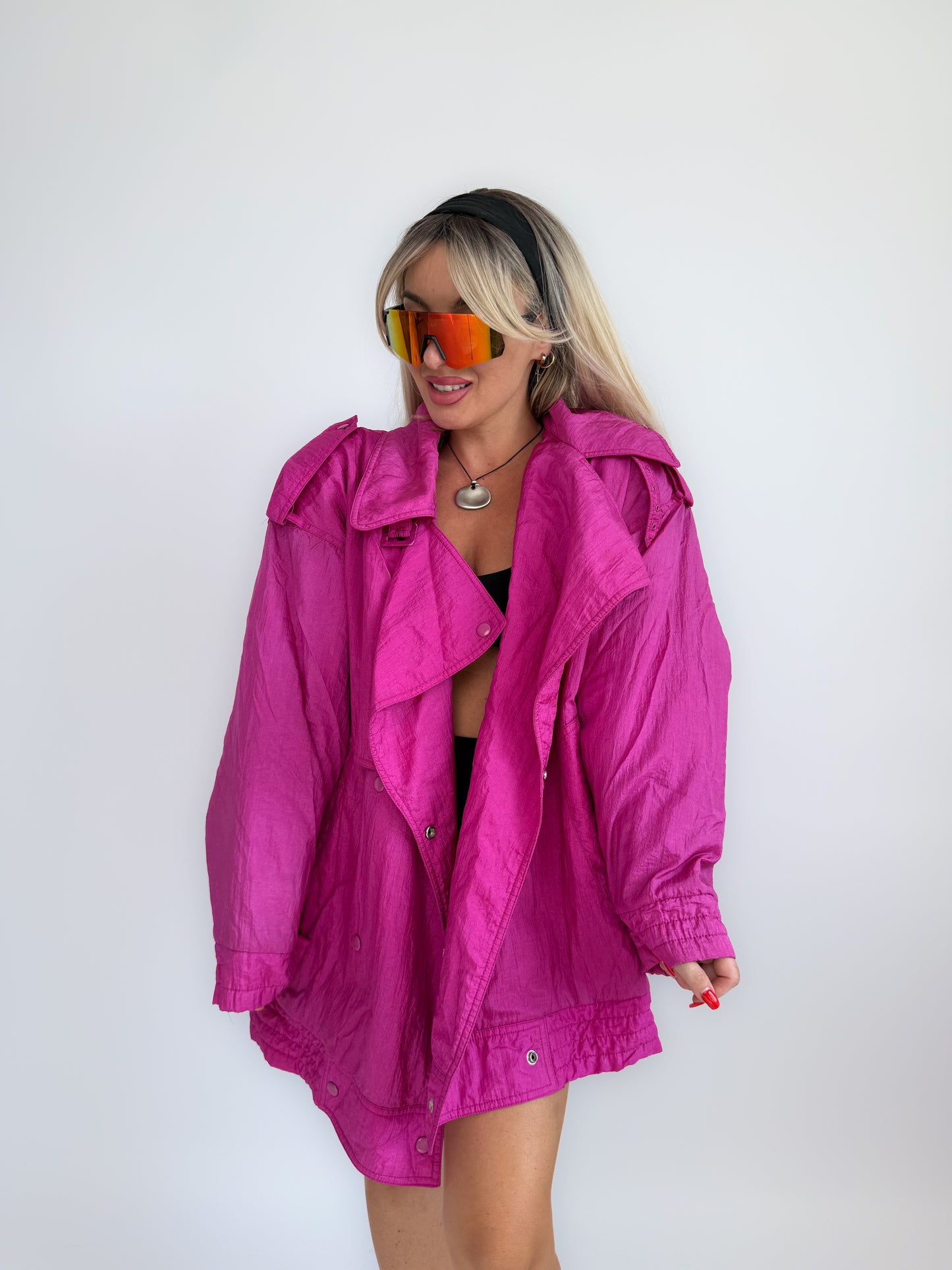 90s Hot Pink Oversized Nylon Windbreaker Coat - Vintage Neon Streetwear Jacket M-XL