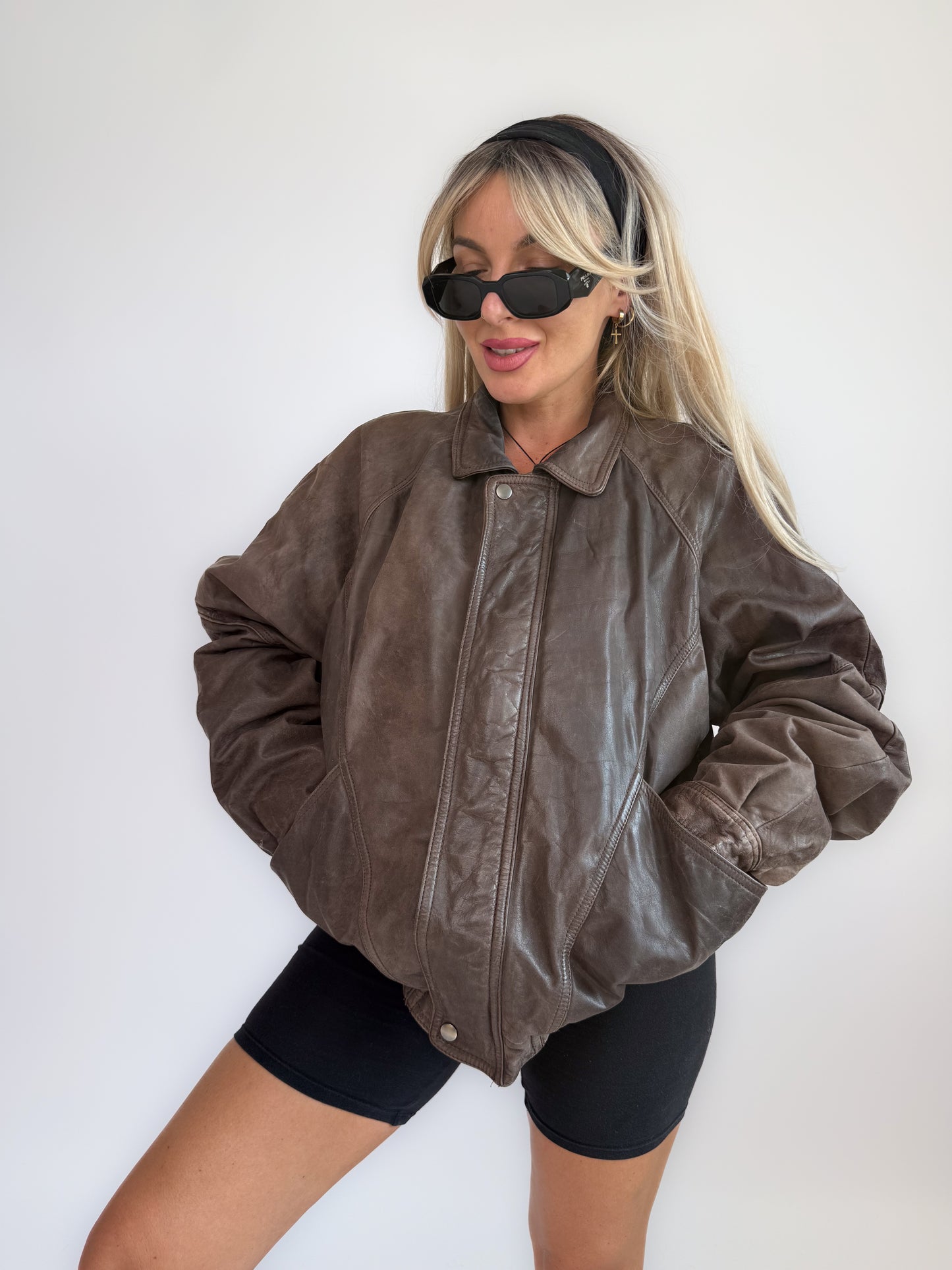 Vintage 90s Dark Brown Leather Bomber Jacket – Men's Style Biker Collared Streetwear L-XL