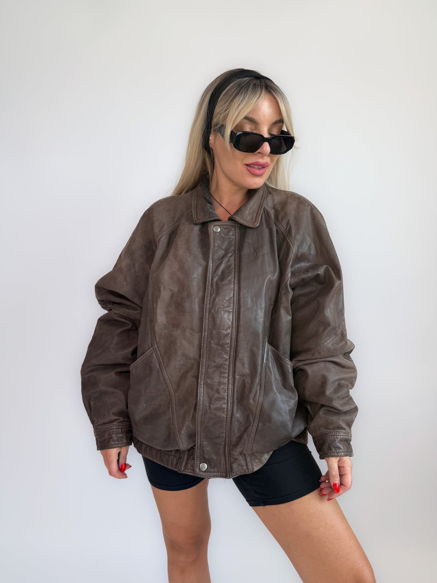 Vintage 90s Dark Brown Leather Bomber Jacket – Men's Style Biker Collared Streetwear L-XL