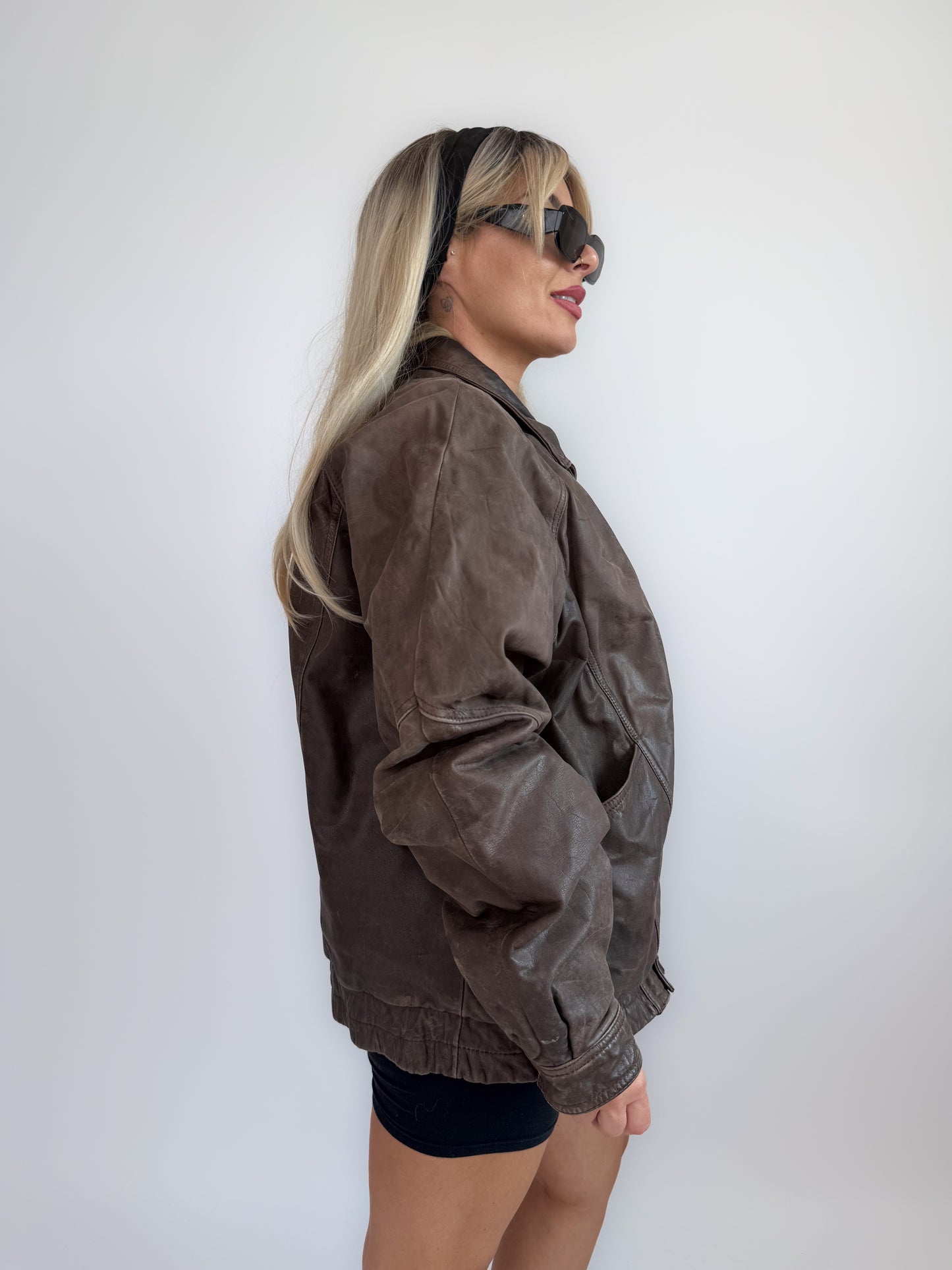 Vintage 90s Dark Brown Leather Bomber Jacket – Men's Style Biker Collared Streetwear L-XL