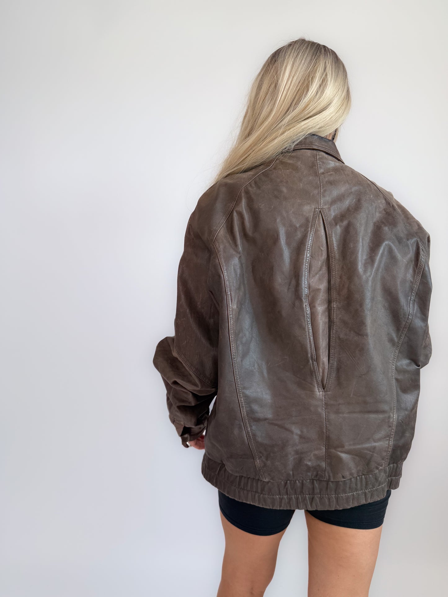 Vintage 90s Dark Brown Leather Bomber Jacket – Men's Style Biker Collared Streetwear L-XL