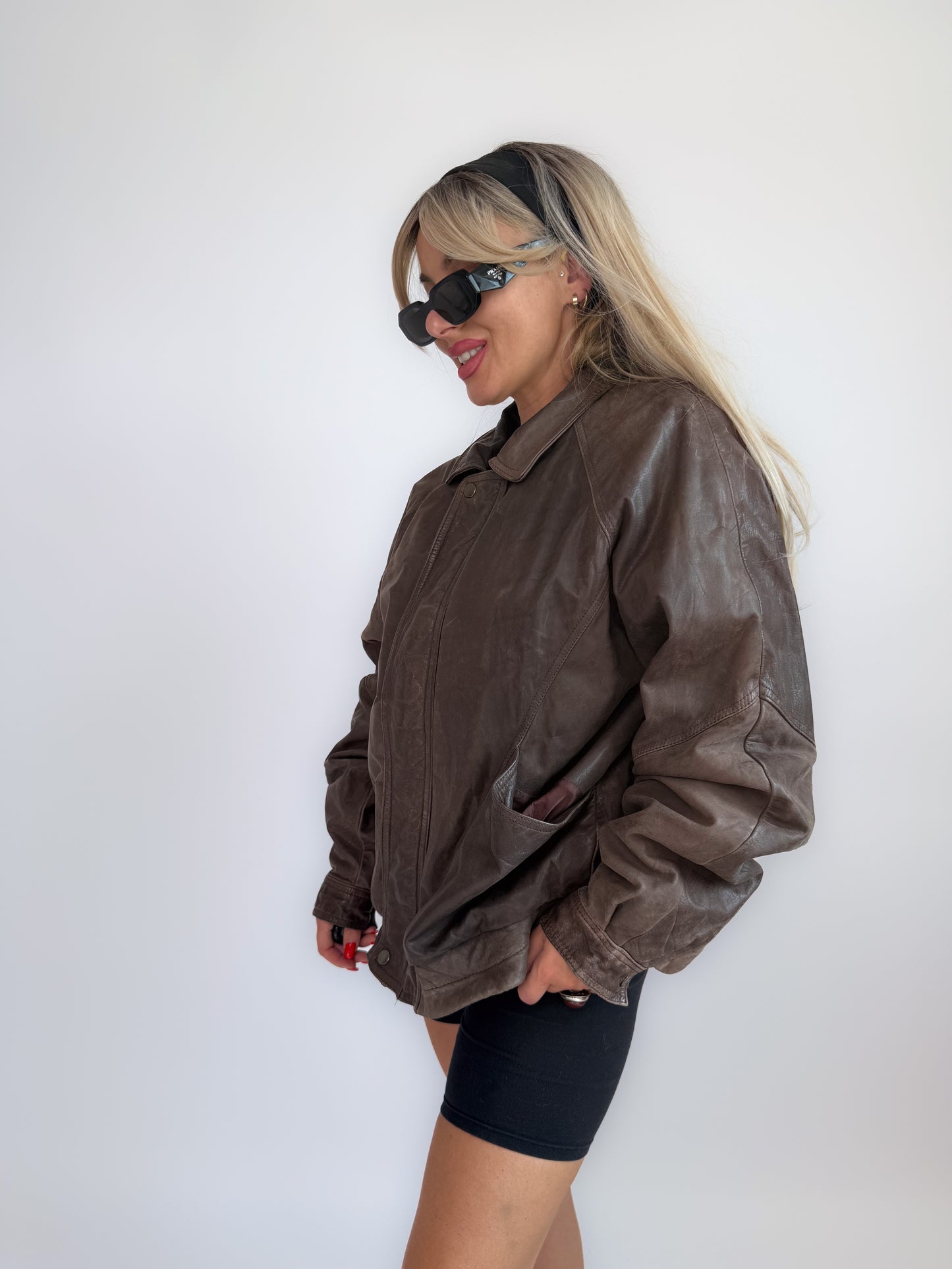 Vintage 90s Dark Brown Leather Bomber Jacket – Men's Style Biker Collared Streetwear L-XL