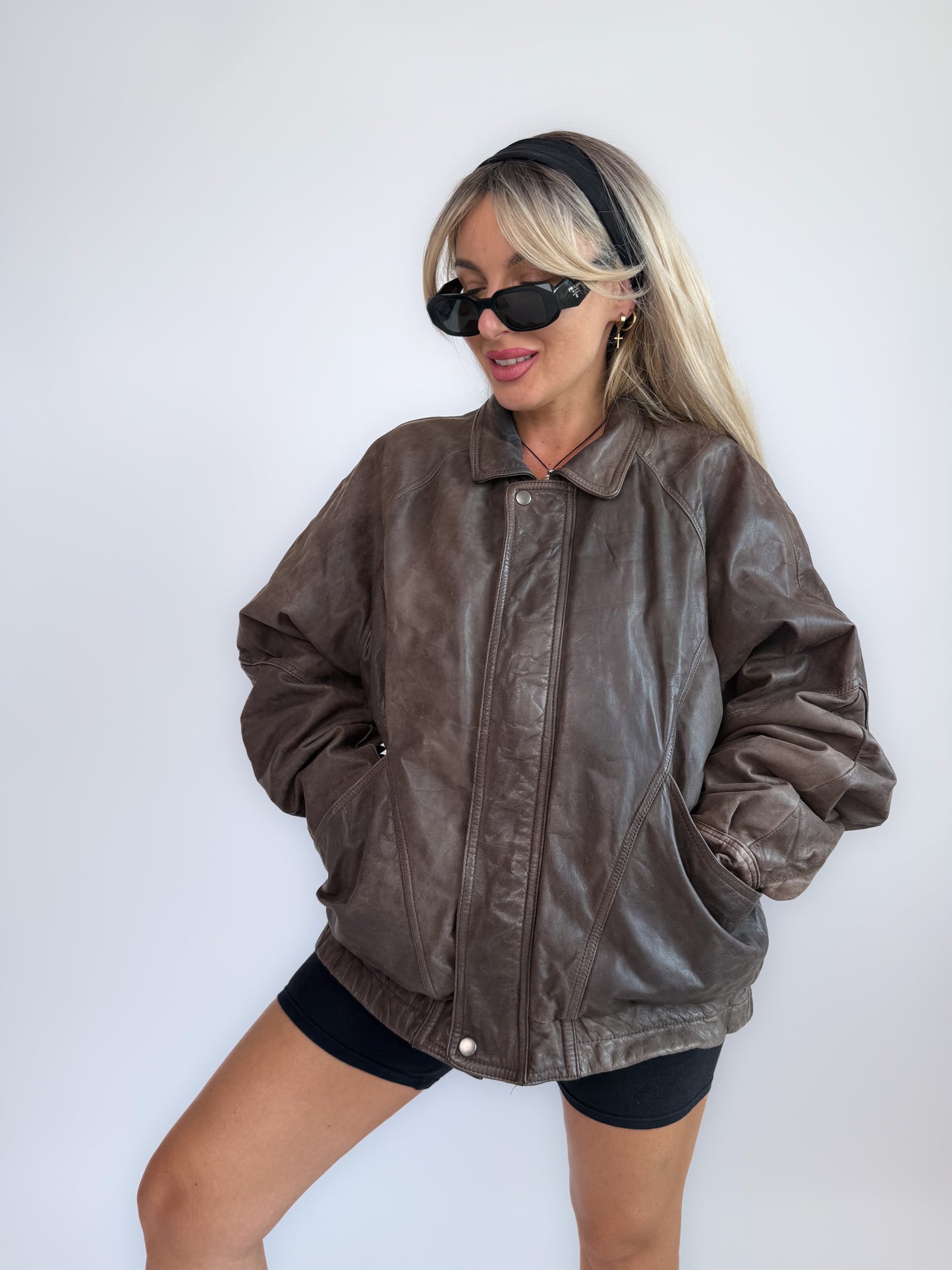 Vintage 90s Dark Brown Leather Bomber Jacket – Men's Style Biker Collared Streetwear L-XL
