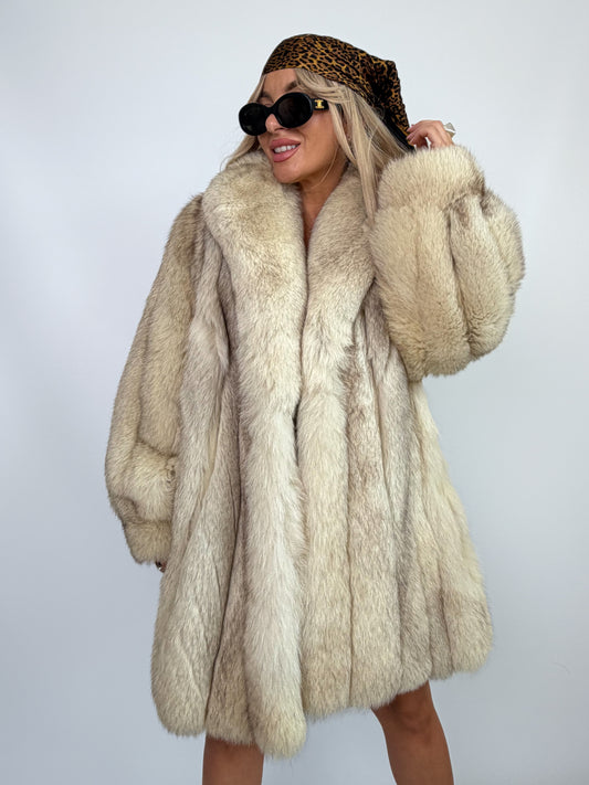 Vintage Genuine Fox Fur Coat – Ivory Oversized Real Fur Jacket S/M