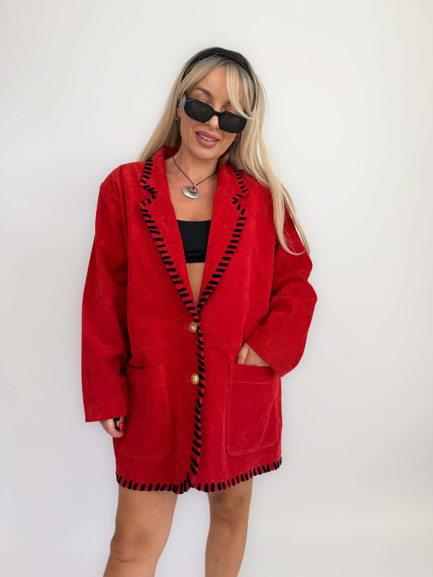 Vintage red suede leather statement blazer jacket M-L