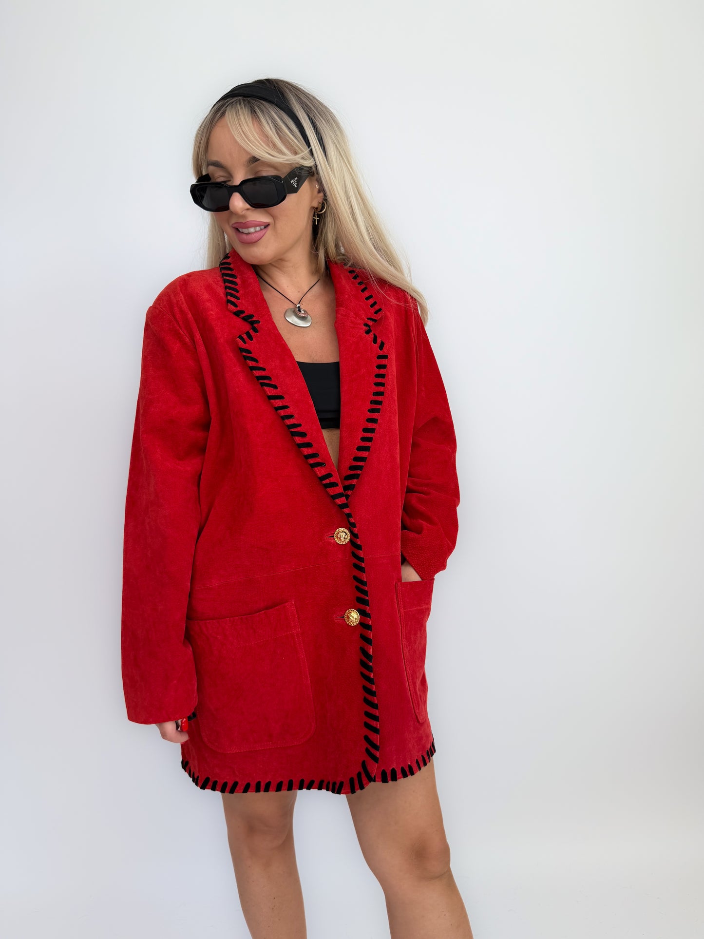 Vintage red suede leather statement blazer jacket M-L