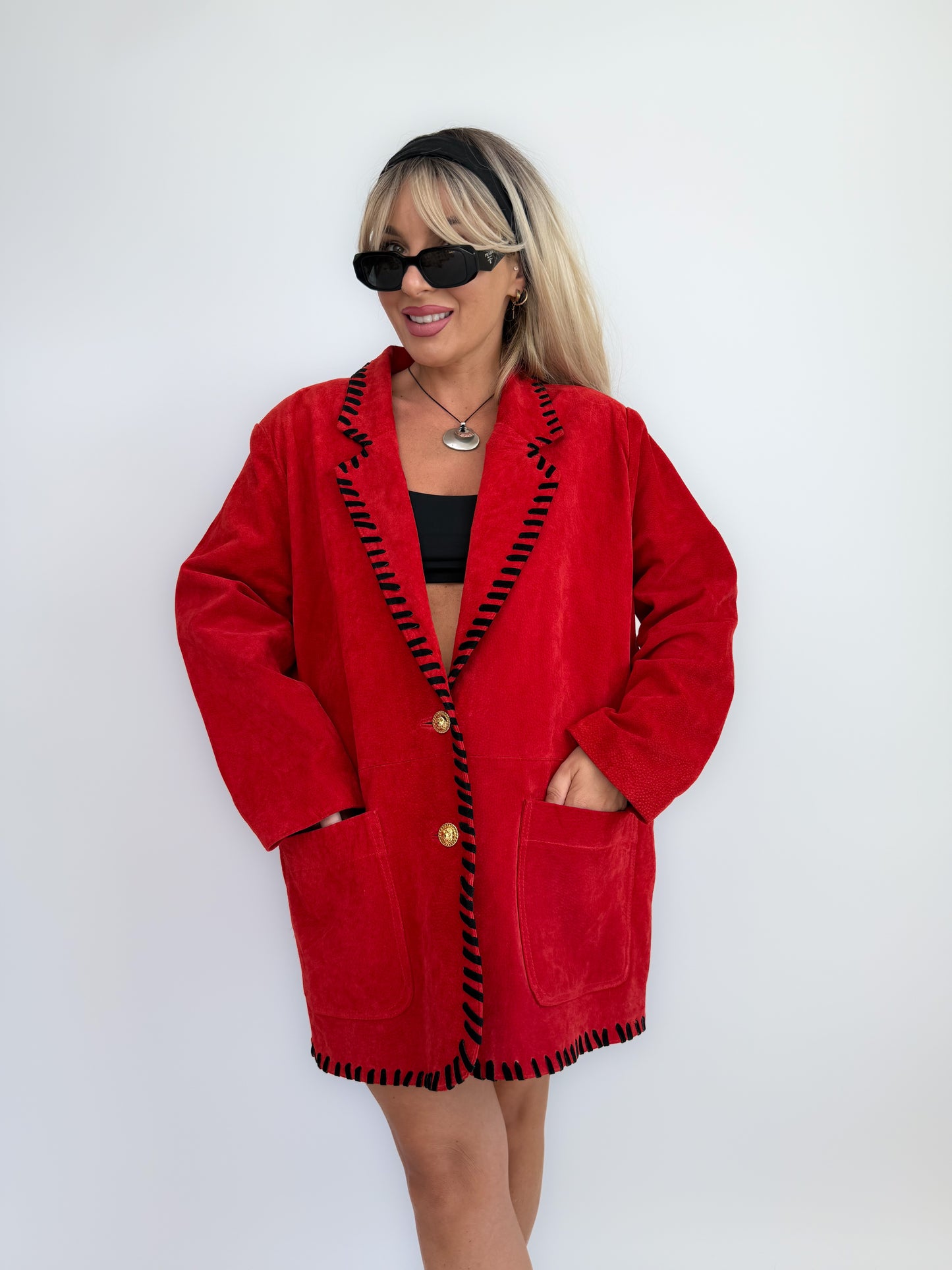 Vintage red suede leather statement blazer jacket M-L