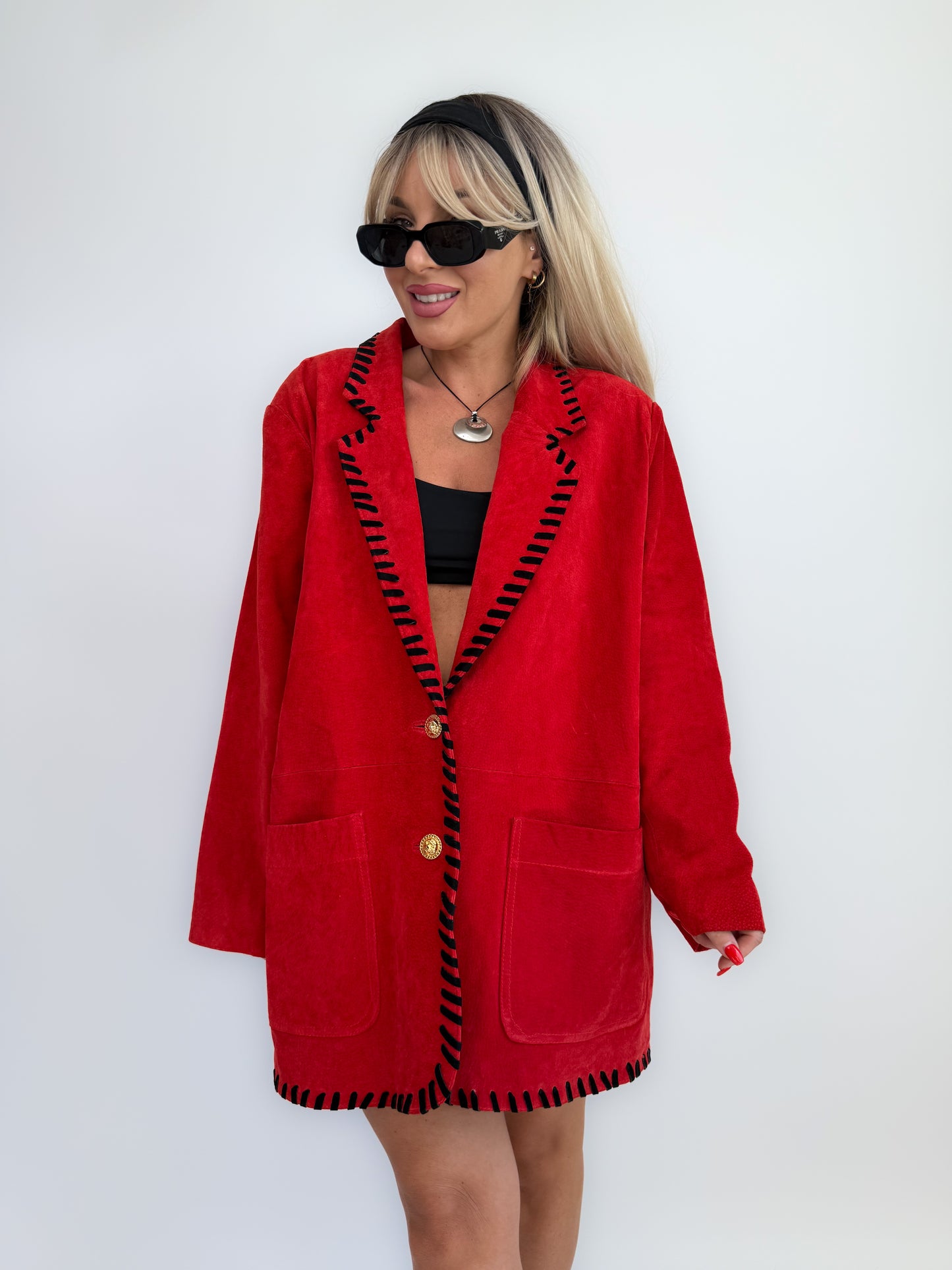 Vintage red suede leather statement blazer jacket M-L