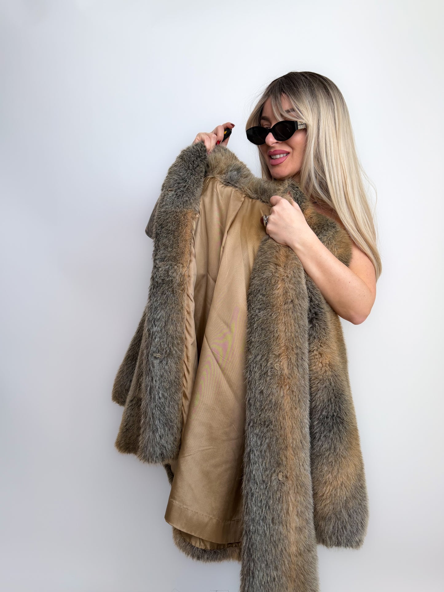 Vintage Grey & Beige Winter Faux Fur Coat