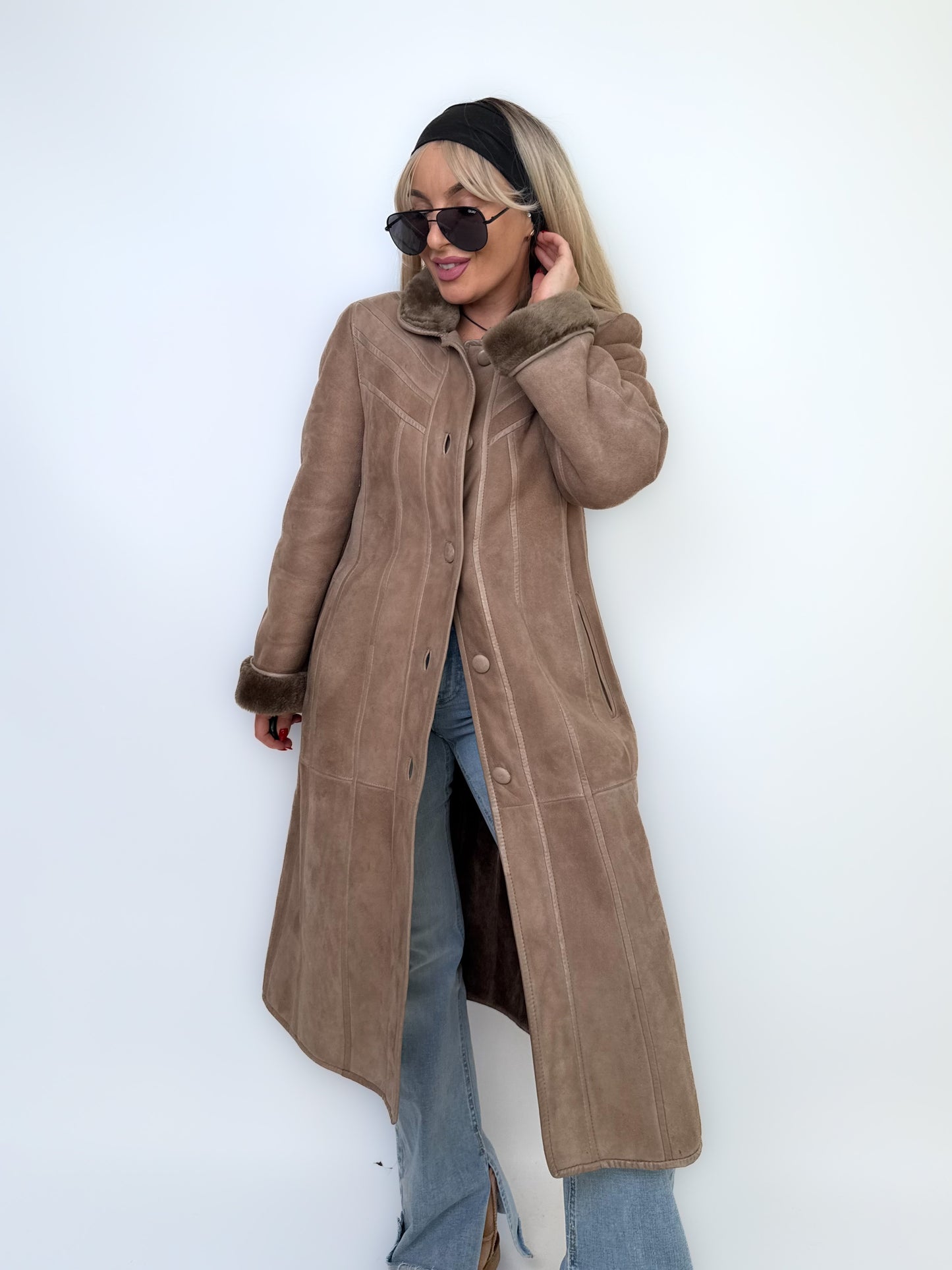 Natural Shearling Leather Coat Beige Gray Mid-Length Vintage Wool-Lined Winter Jacket XS-S
