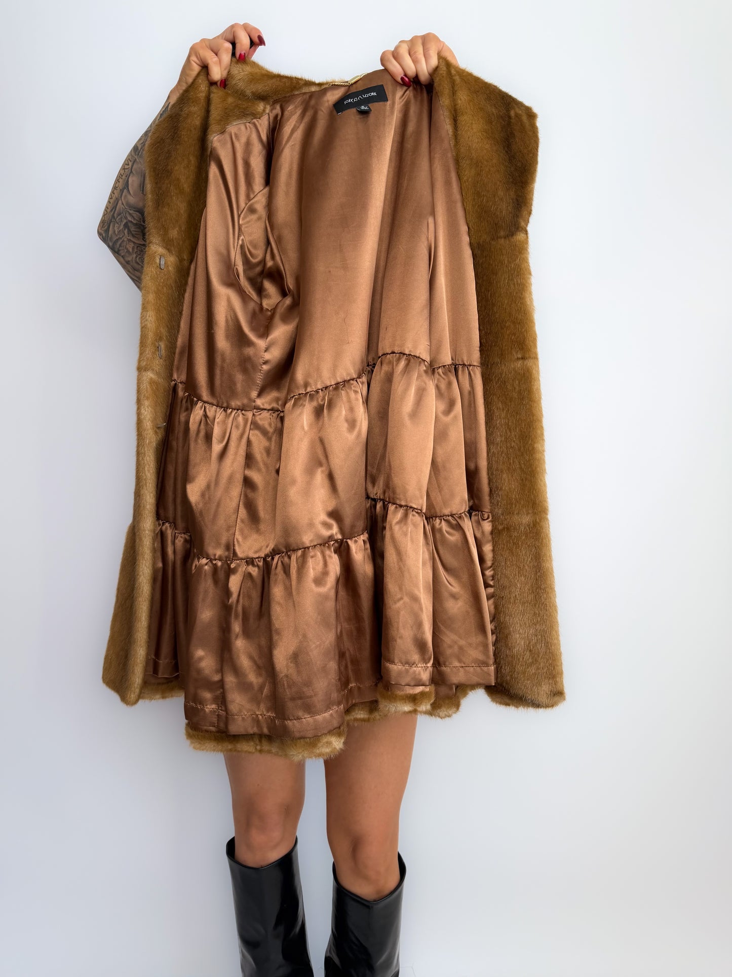 Vintage Carmel Brown Faux Fur Hooded Winter Coat S-M
