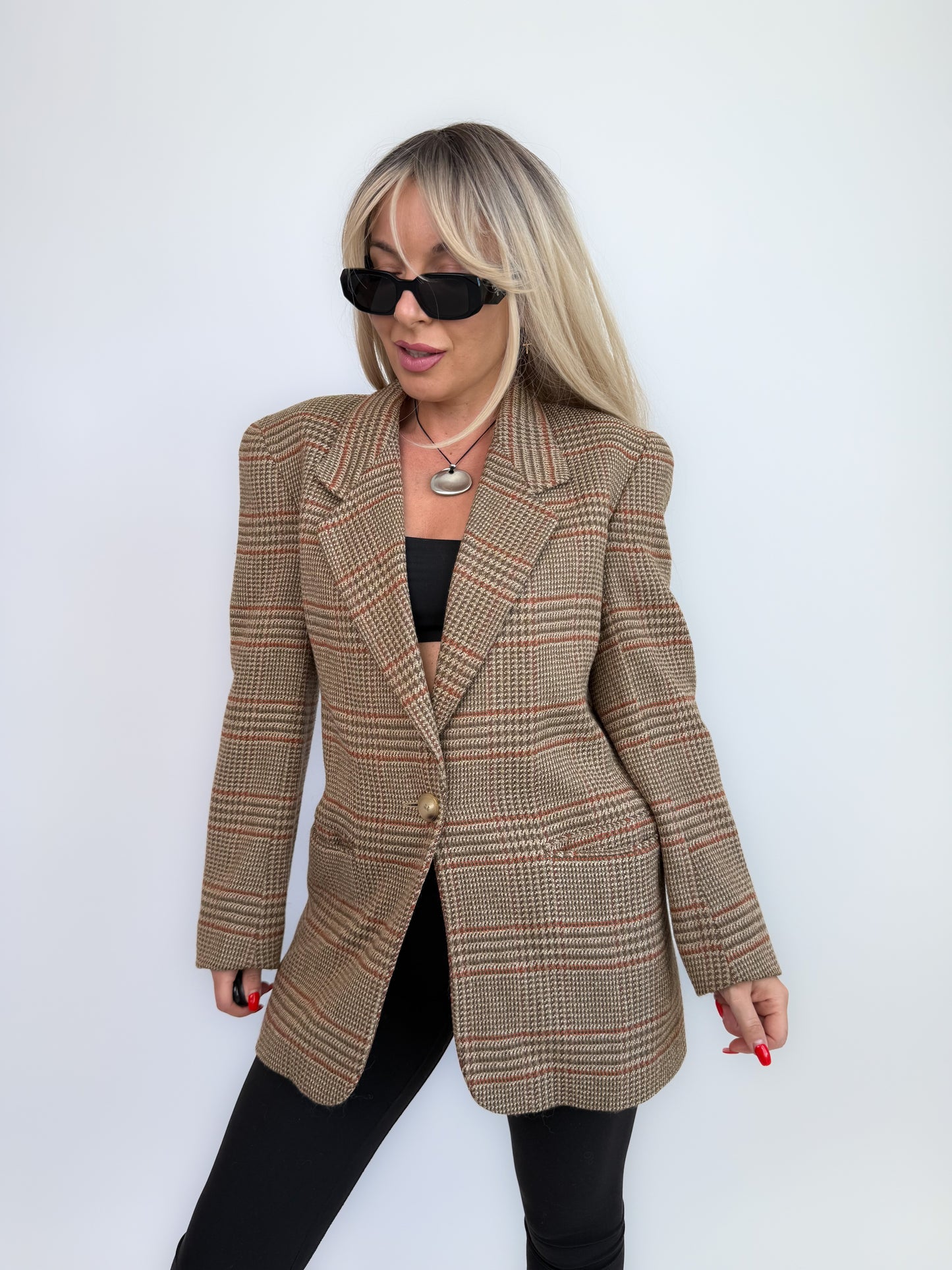 Vintage 90s Wool Plaid Oversized Blazer - Size Small