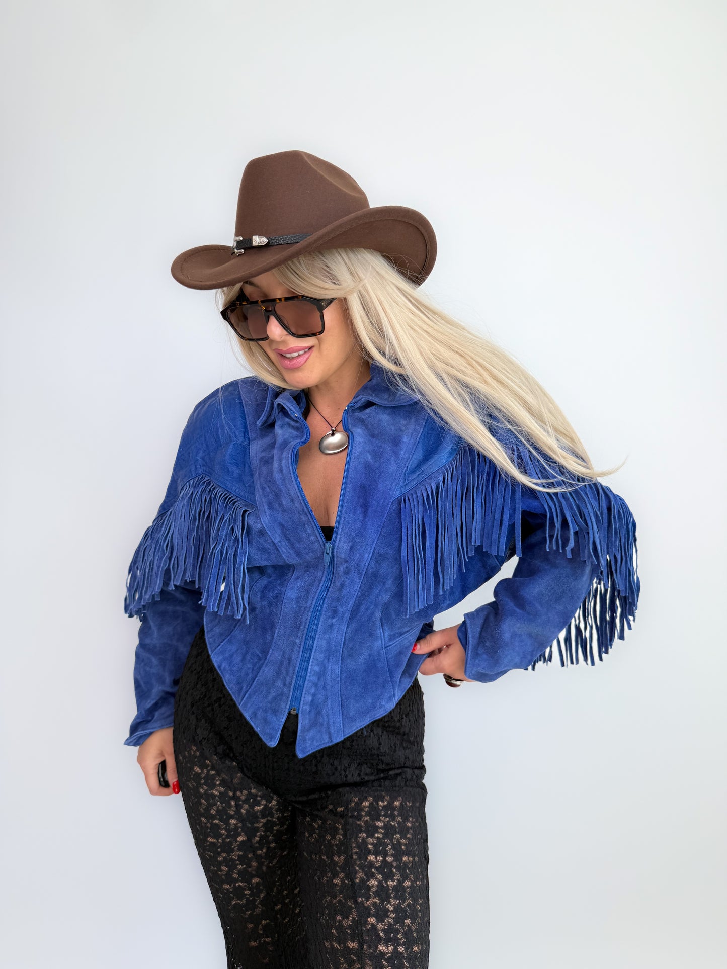 Vintage Cobalt Blue Suede Fringe Jacket – Western Cowgirl Boho Hippie Statement Festival Coat S