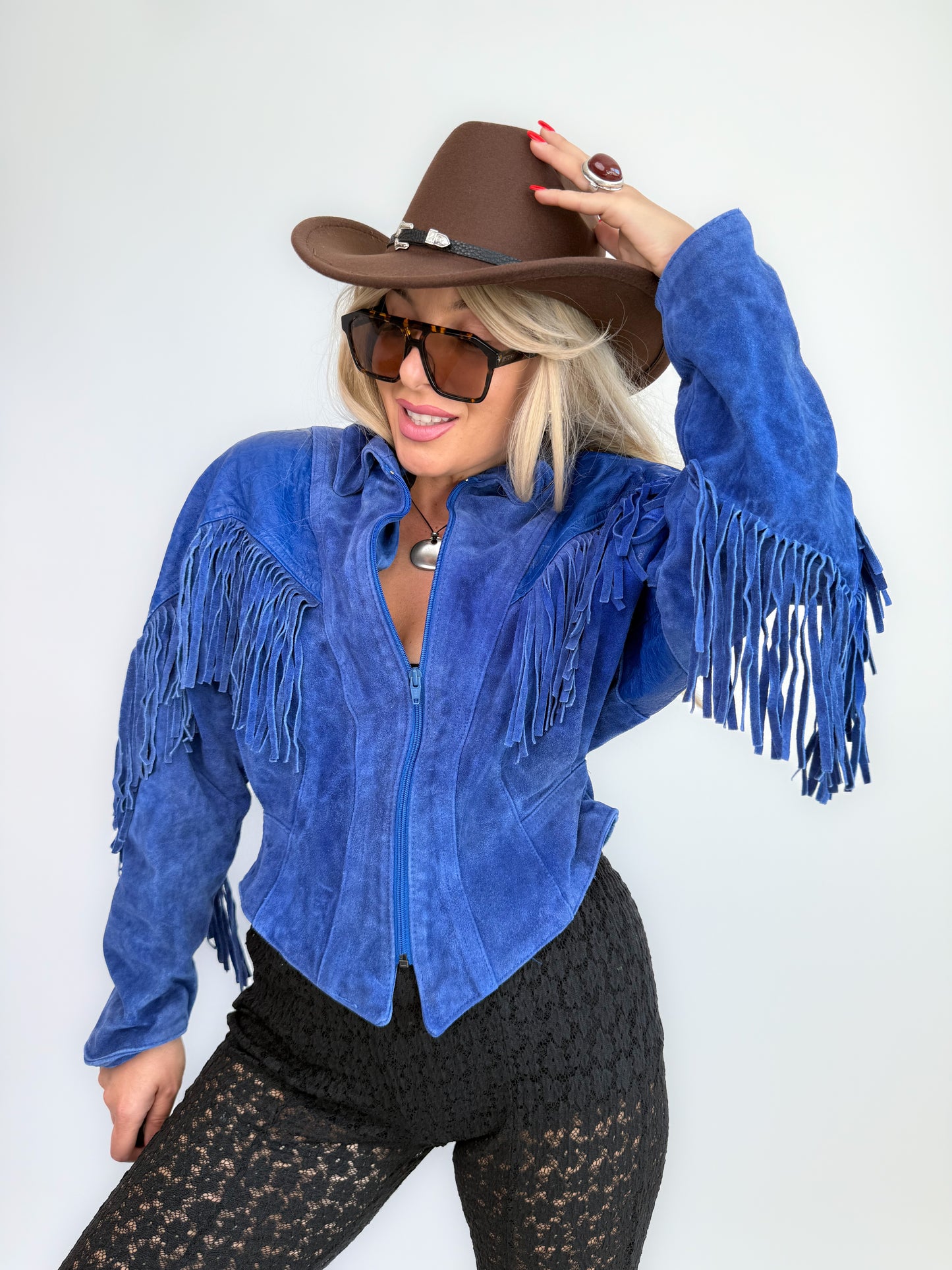 Vintage Cobalt Blue Suede Fringe Jacket – Western Cowgirl Boho Hippie Statement Festival Coat S