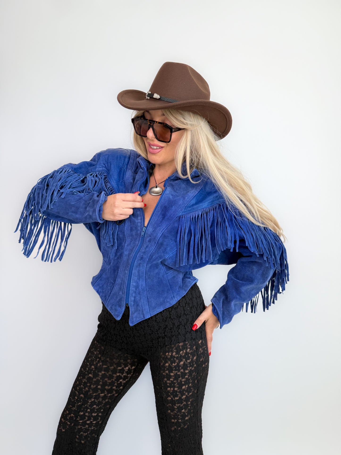 Vintage Cobalt Blue Suede Fringe Jacket – Western Cowgirl Boho Hippie Statement Festival Coat S