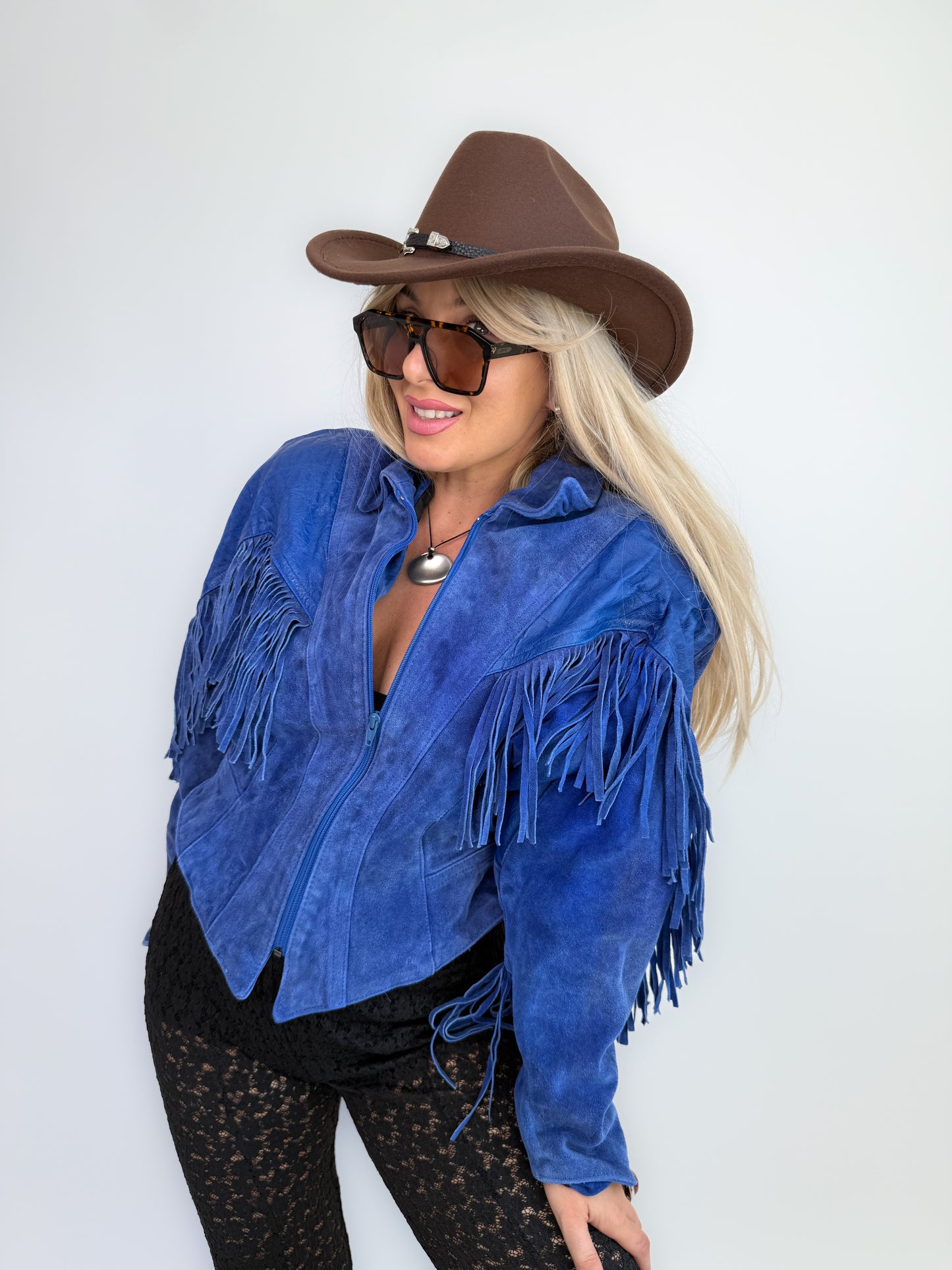 Vintage Cobalt Blue Suede Fringe Jacket – Western Cowgirl Boho Hippie Statement Festival Coat S