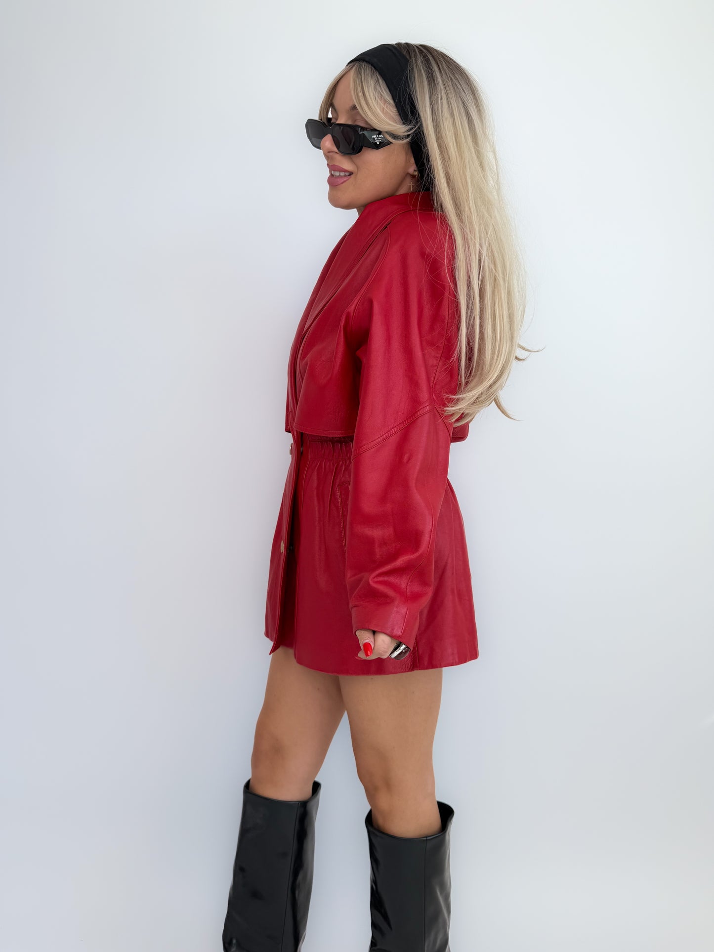 Vintage 80s Red Leather Statement Coat – Double Breasted, Cinched Waist- Small