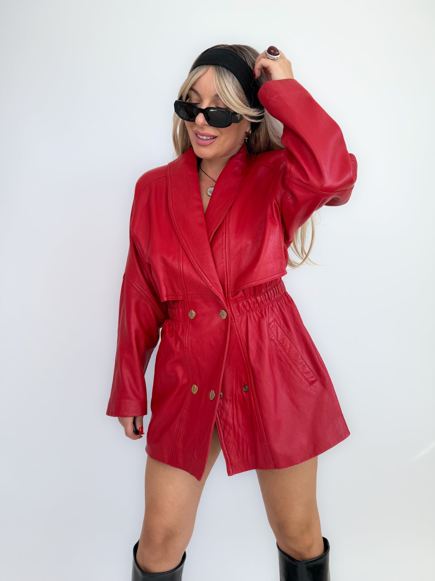 Vintage 80s Red Leather Statement Coat – Double Breasted, Cinched Waist- Small