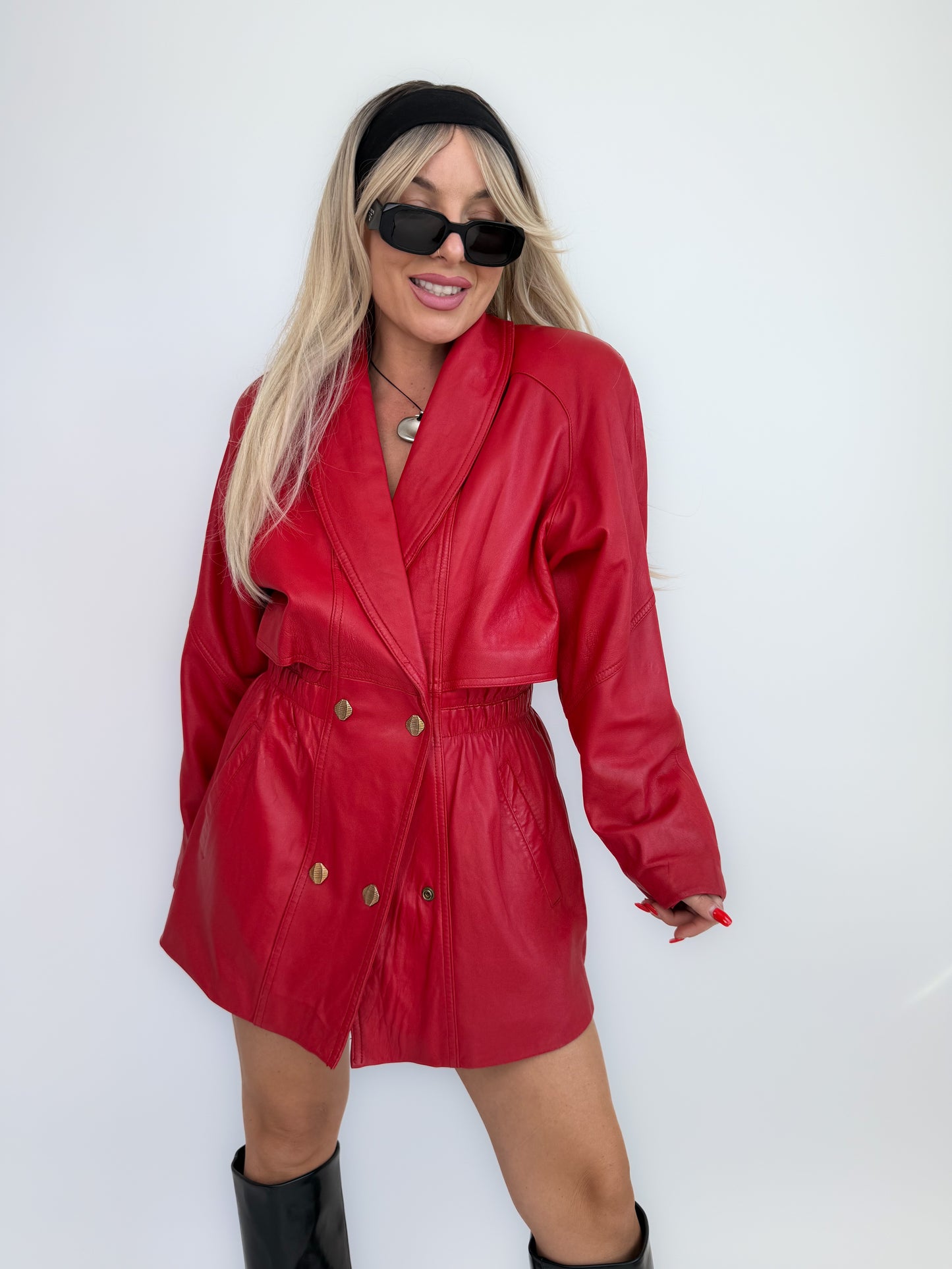 Vintage 80s Red Leather Statement Coat – Double Breasted, Cinched Waist- Small