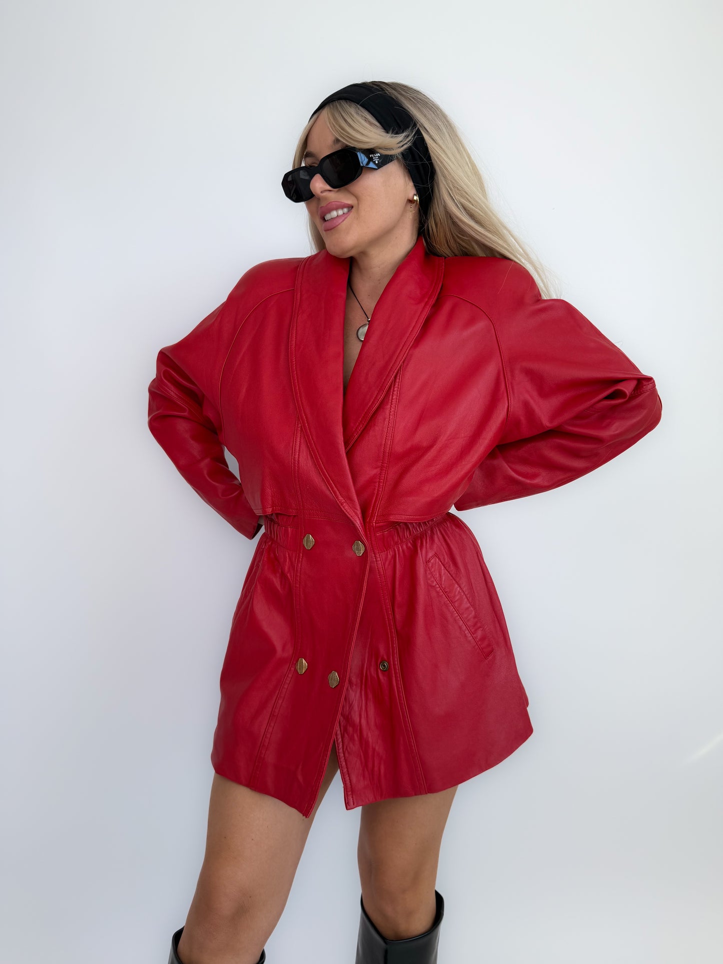 Vintage 80s Red Leather Statement Coat – Double Breasted, Cinched Waist- Small