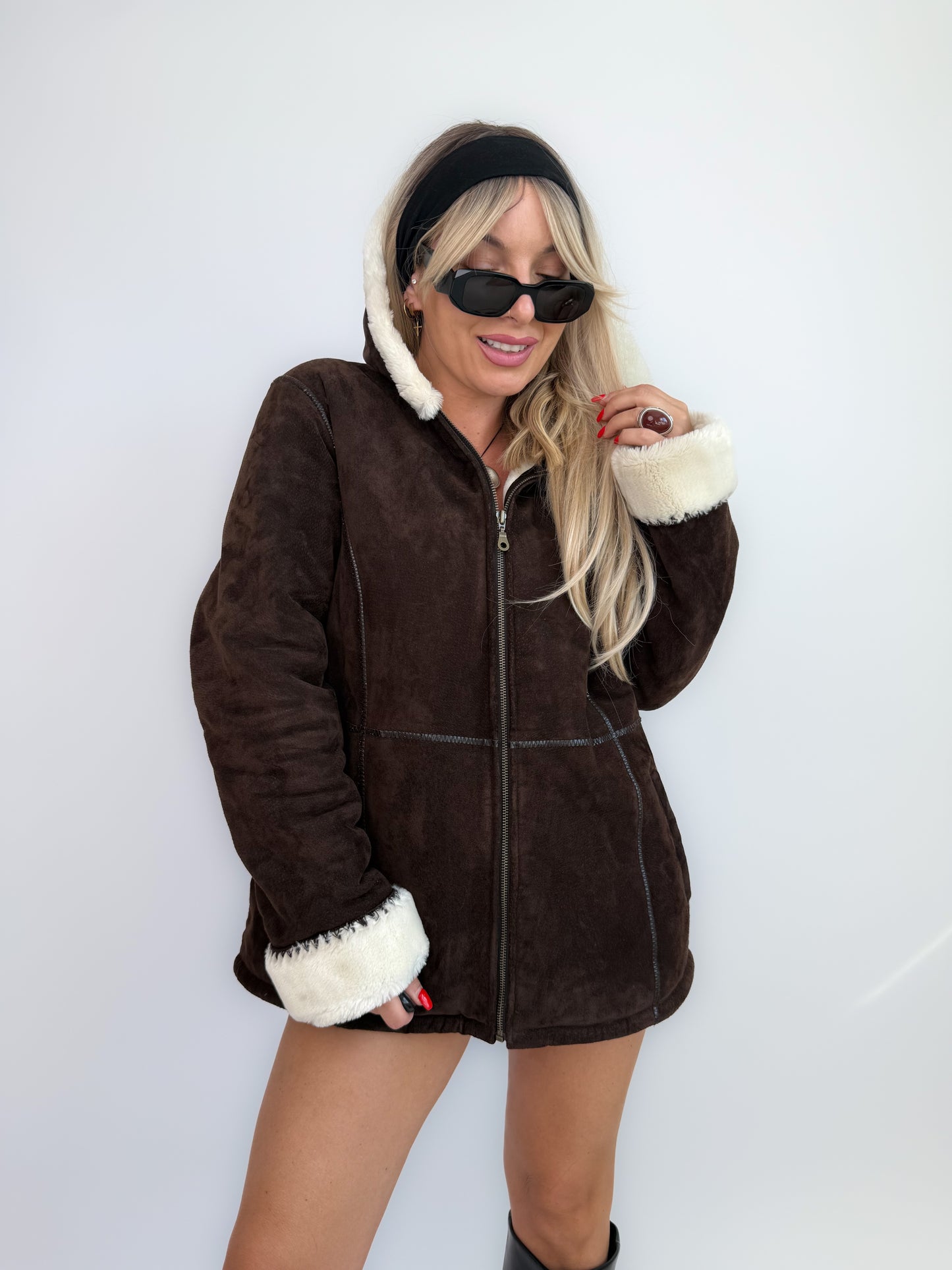 Vintage Y2K Brown Suede Shearling Hoodie Jacket with Ivory Faux Fur Lining - L