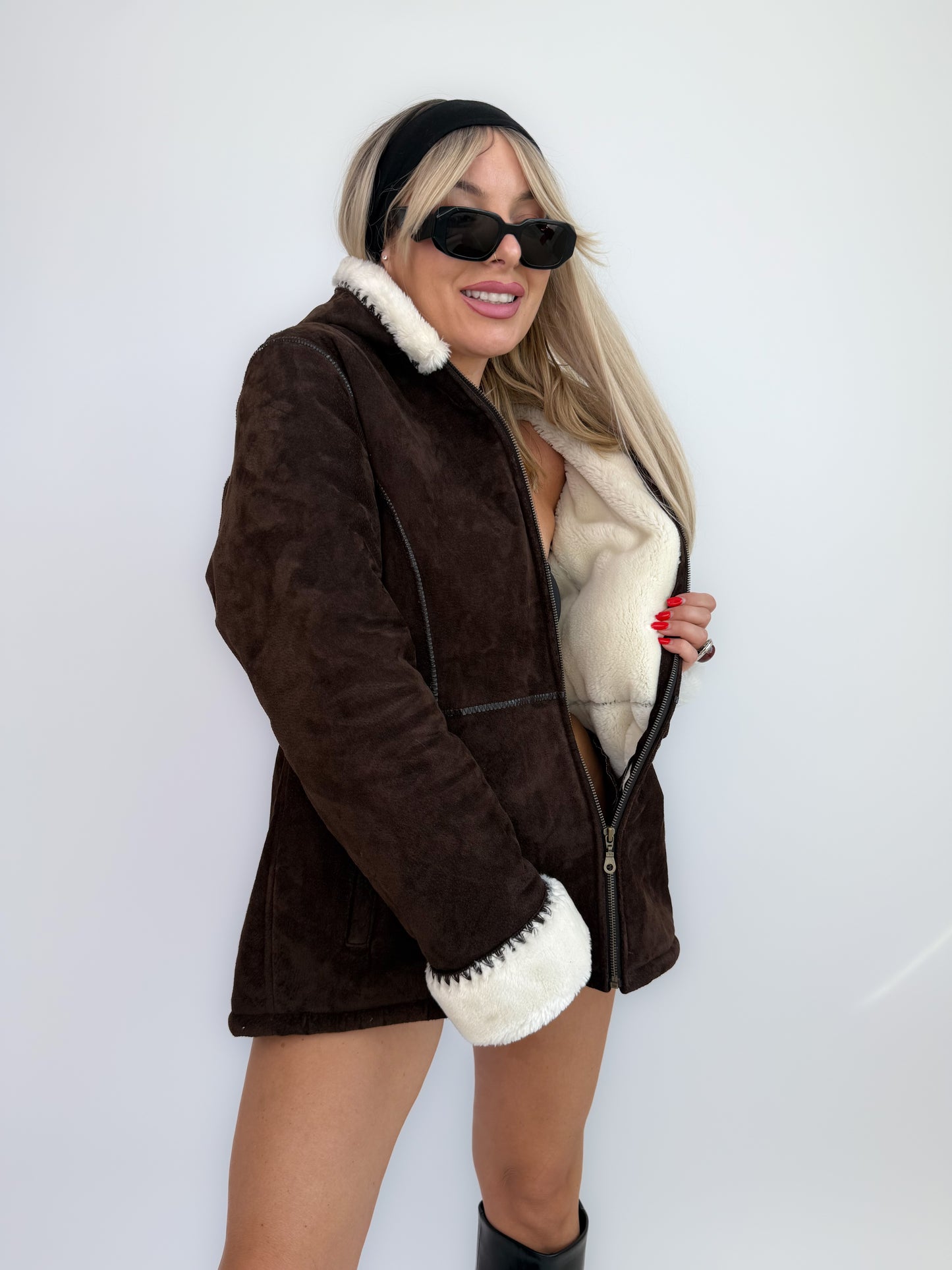 Vintage Y2K Brown Suede Shearling Hoodie Jacket with Ivory Faux Fur Lining - L