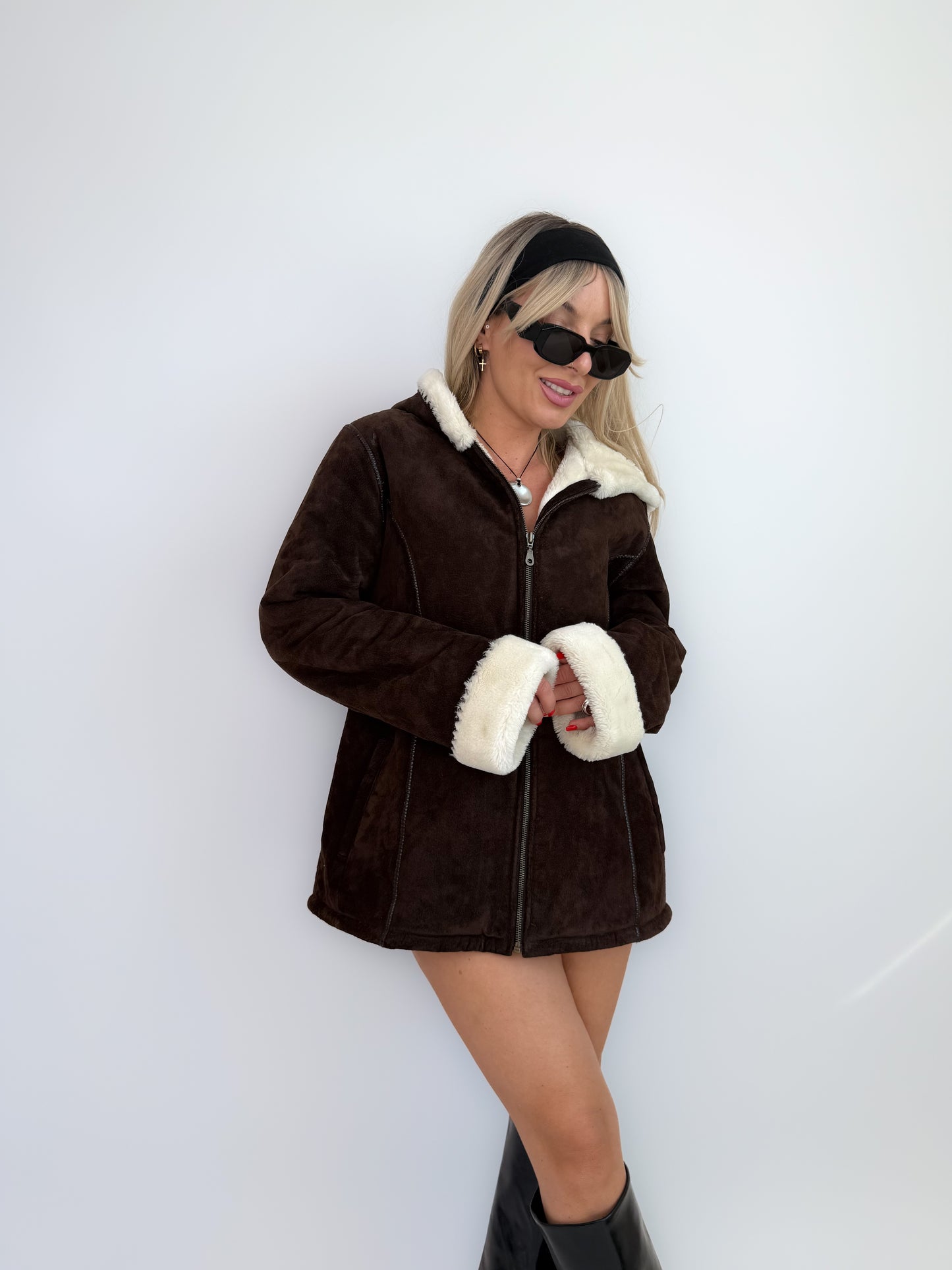Vintage Y2K Brown Suede Shearling Hoodie Jacket with Ivory Faux Fur Lining - L