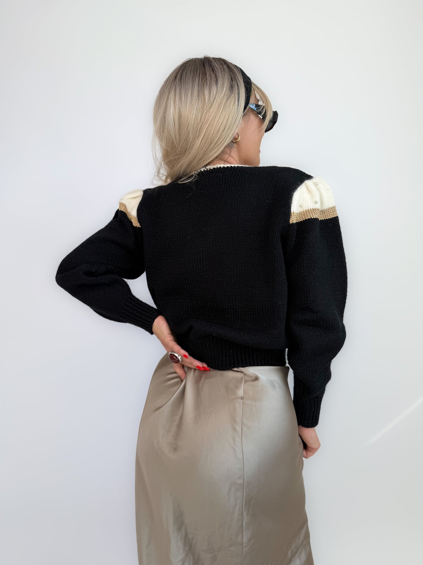 Vintage Black Gold Knit Sweater – 80s Metallic Beaded Angora Blend Holiday Pullover, S-M