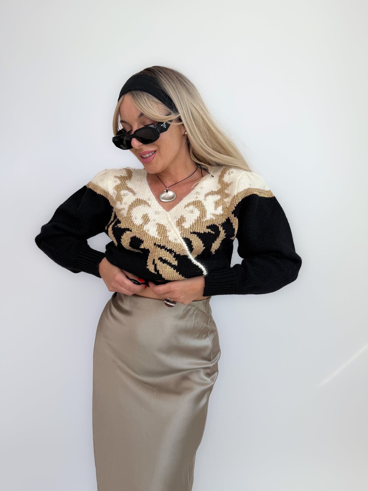 Vintage Black Gold Knit Sweater – 80s Metallic Beaded Angora Blend Holiday Pullover, S-M