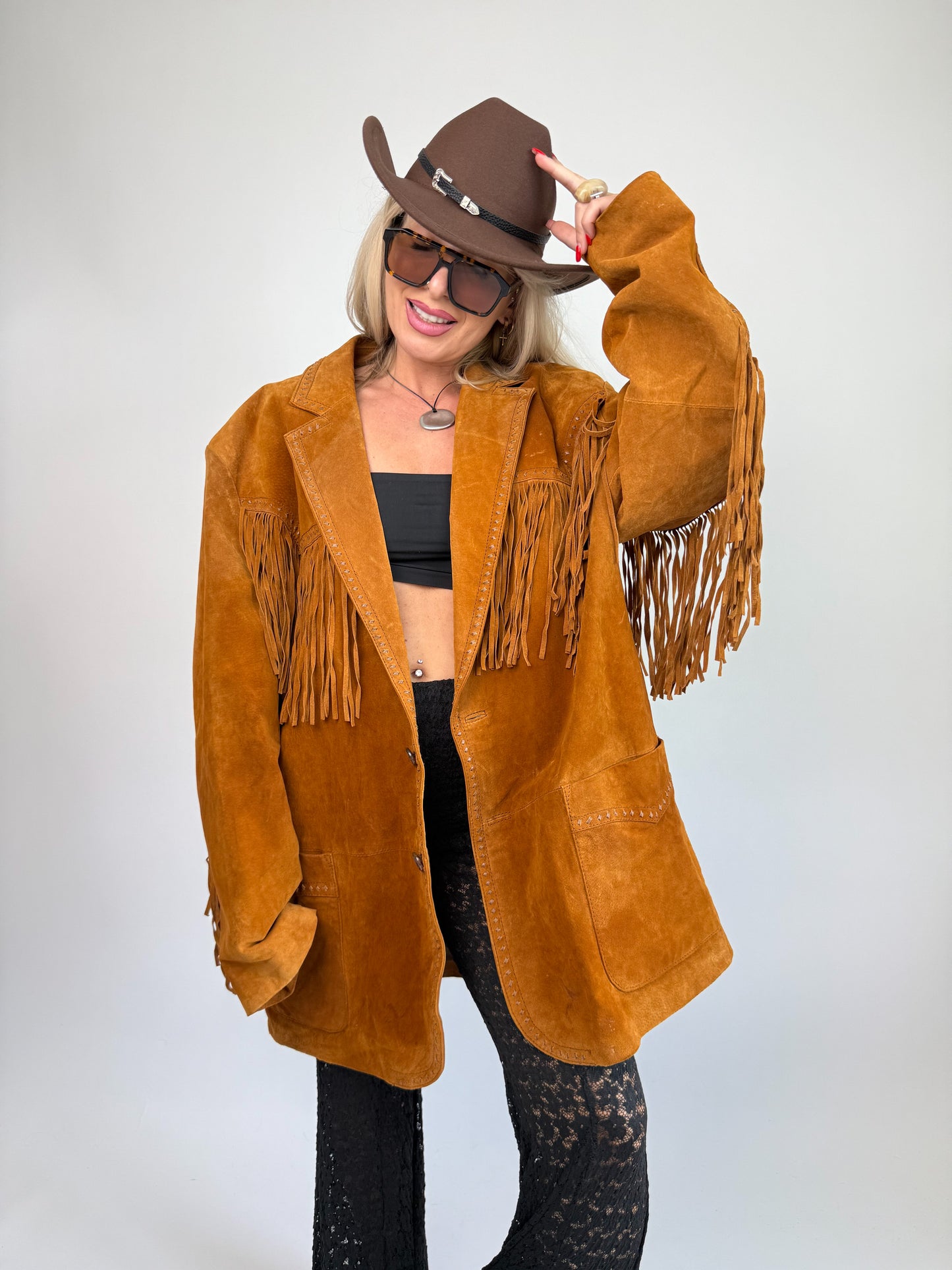 Vintage Rust Brown Suede Fringe Jacket – Western Southwestern Festival Boho Hippie Style XL
