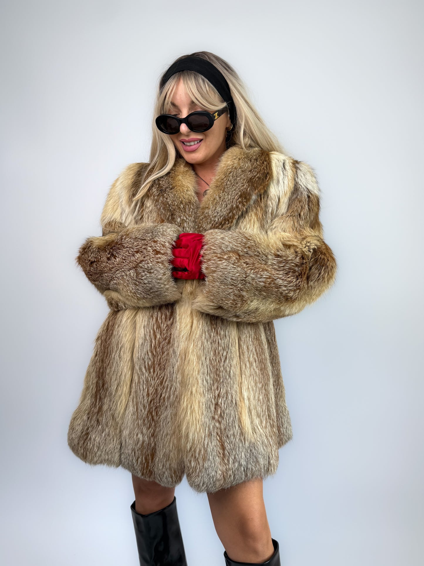 Vintage Genuine Fox Fur Coat – Beige Brown Mid Length Winter Jacket M-L