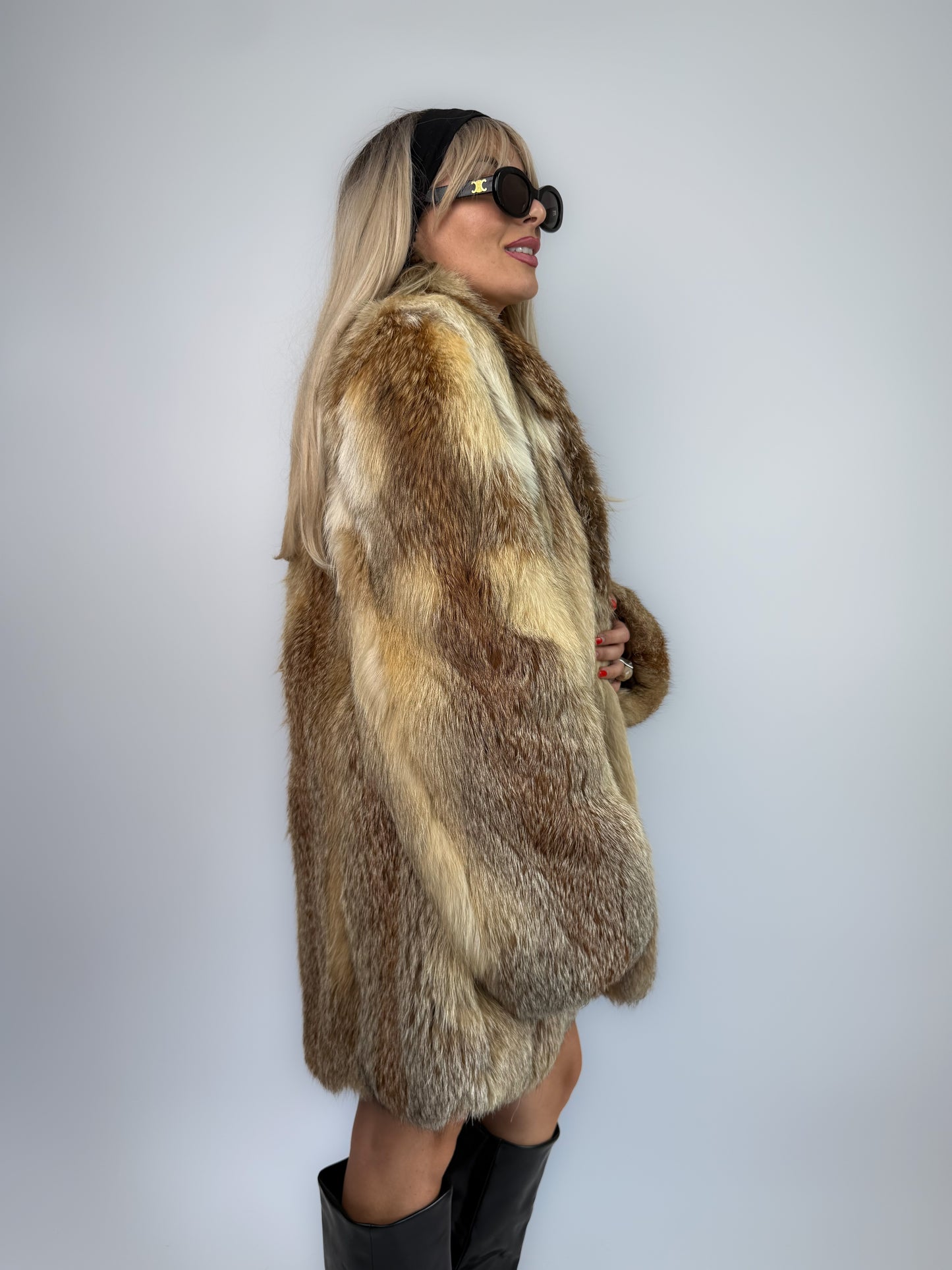 Vintage Genuine Fox Fur Coat – Beige Brown Mid Length Winter Jacket M-L