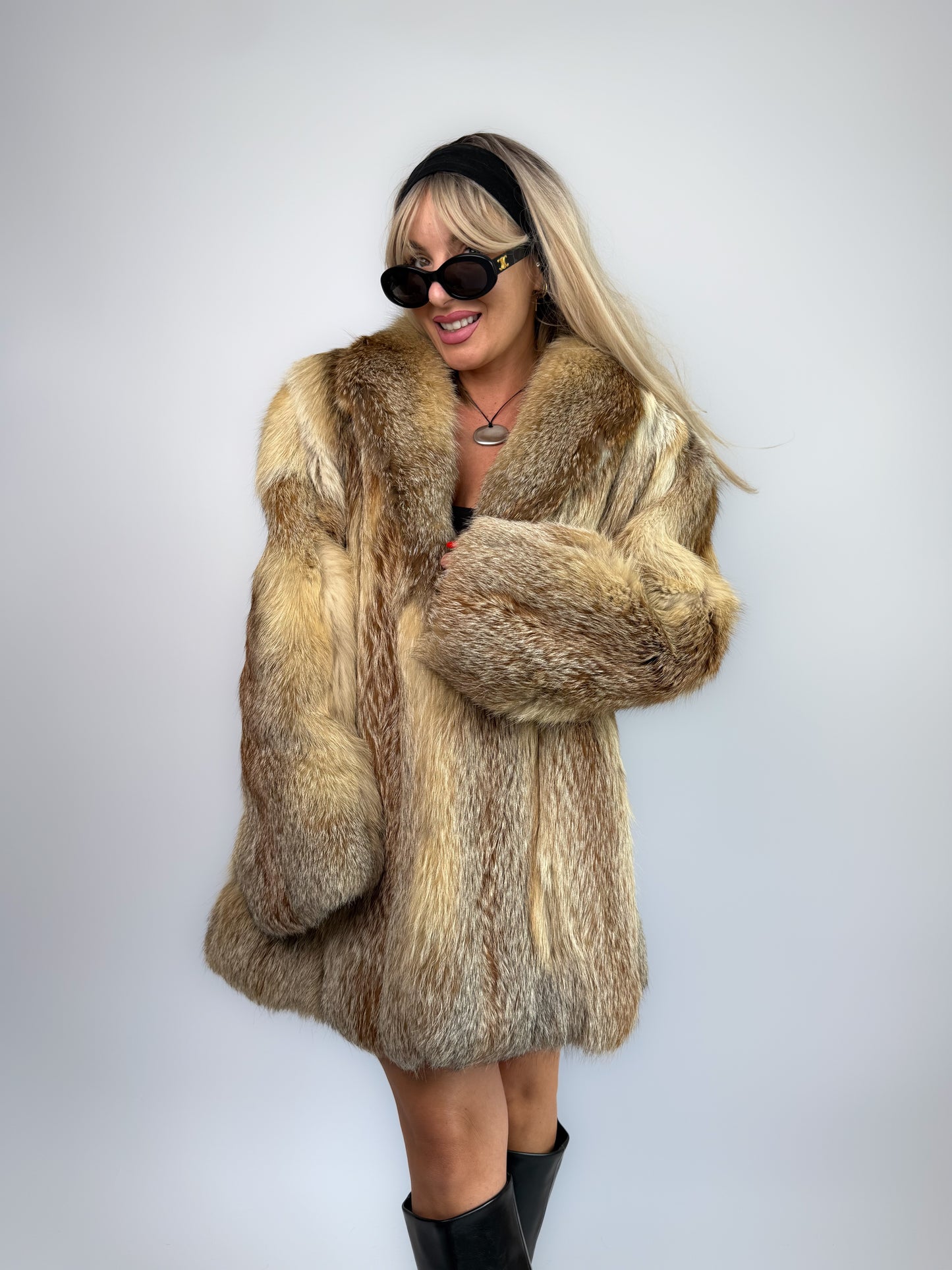Vintage Genuine Fox Fur Coat – Beige Brown Mid Length Winter Jacket M-L